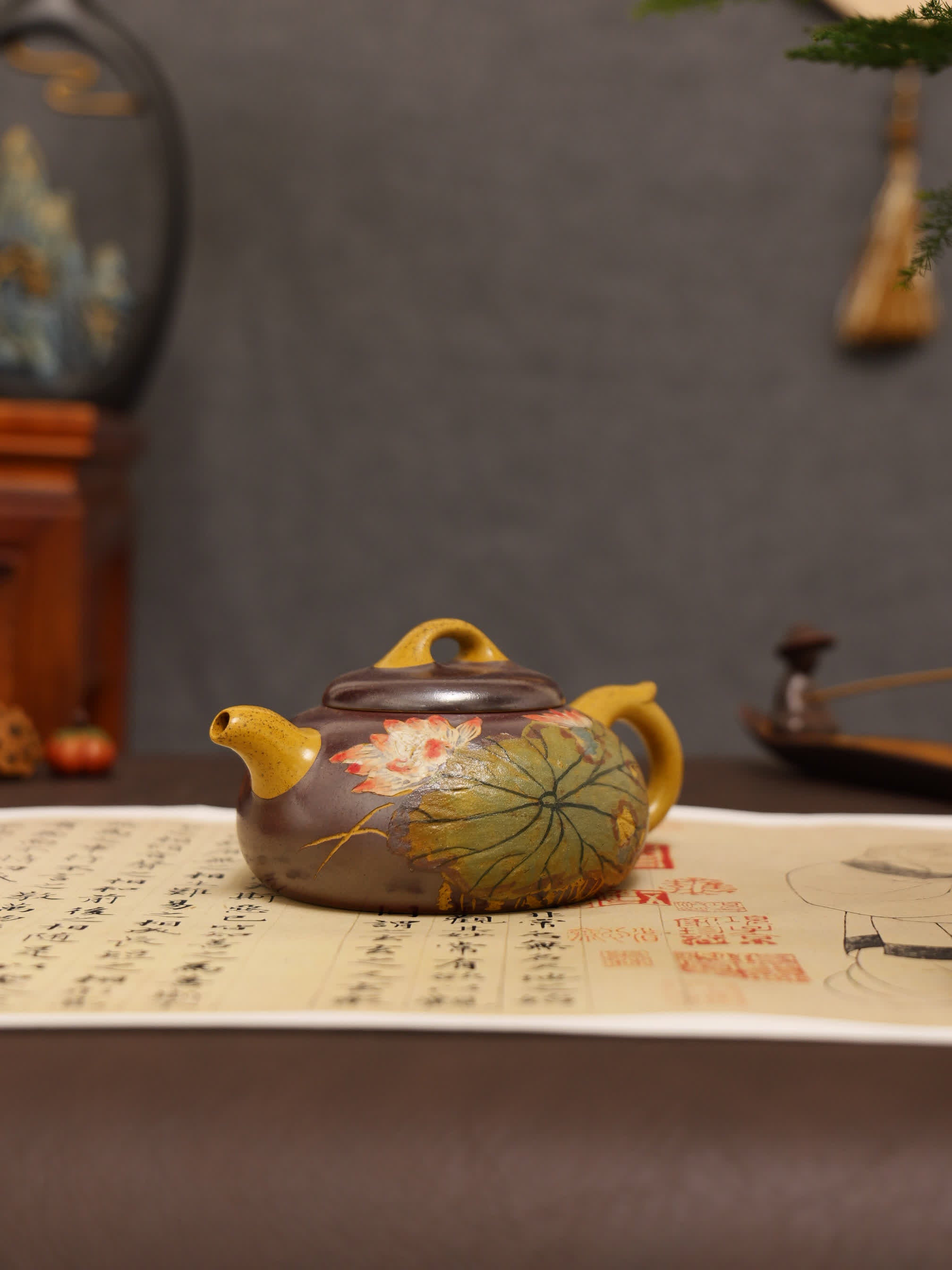 Lotus & Leaf Powder-Decoration Fully Handmade Duan Clay 'Half-Moon' Yixing Teapot