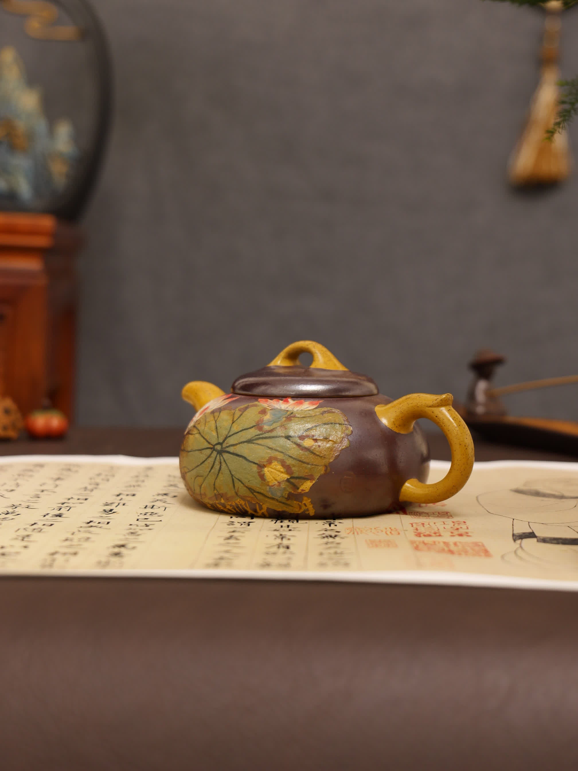 Lotus & Leaf Powder-Decoration Fully Handmade Duan Clay 'Half-Moon' Yixing Teapot