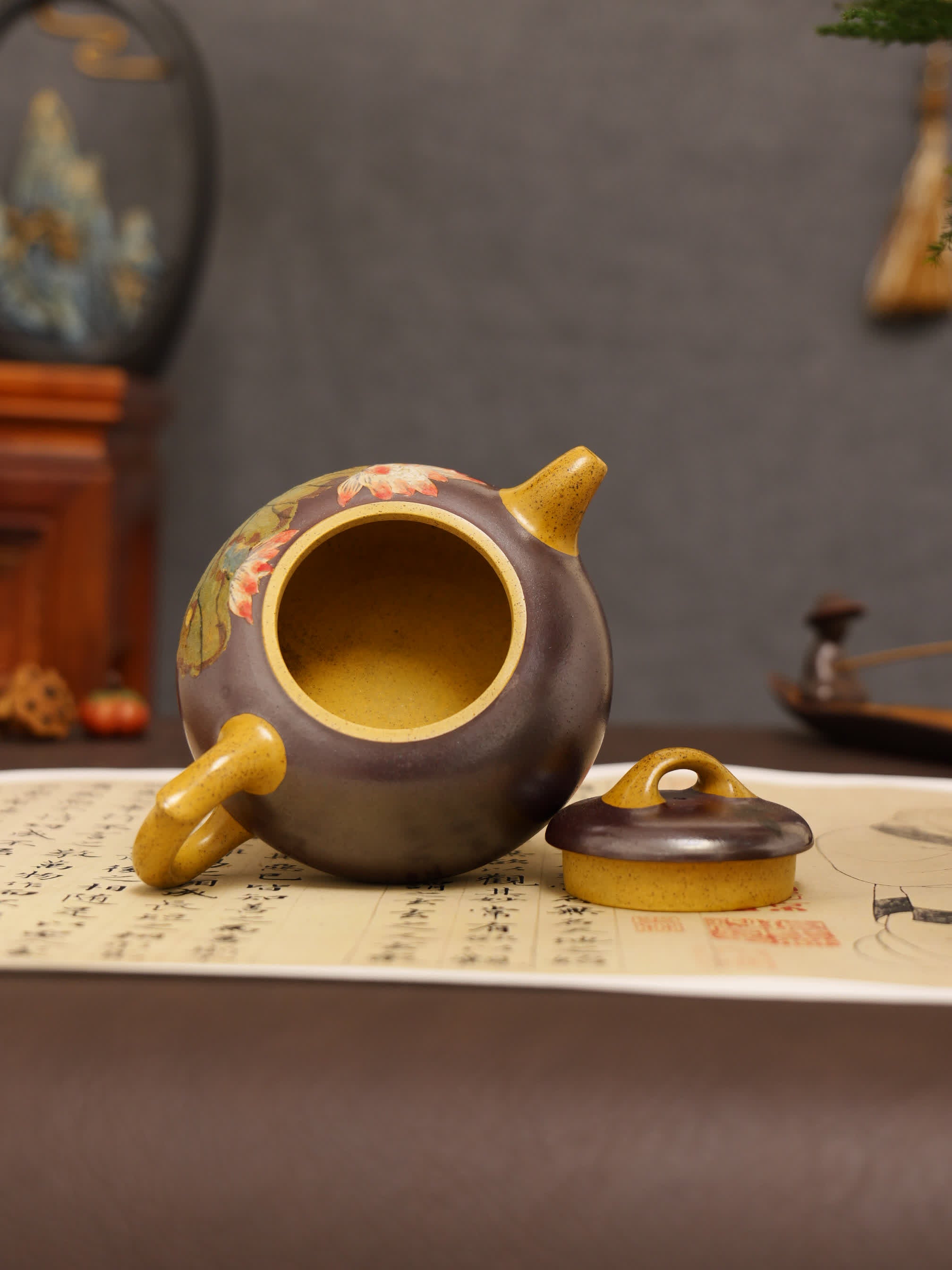 Lotus & Leaf Powder-Decoration Fully Handmade Duan Clay 'Half-Moon' Yixing Teapot