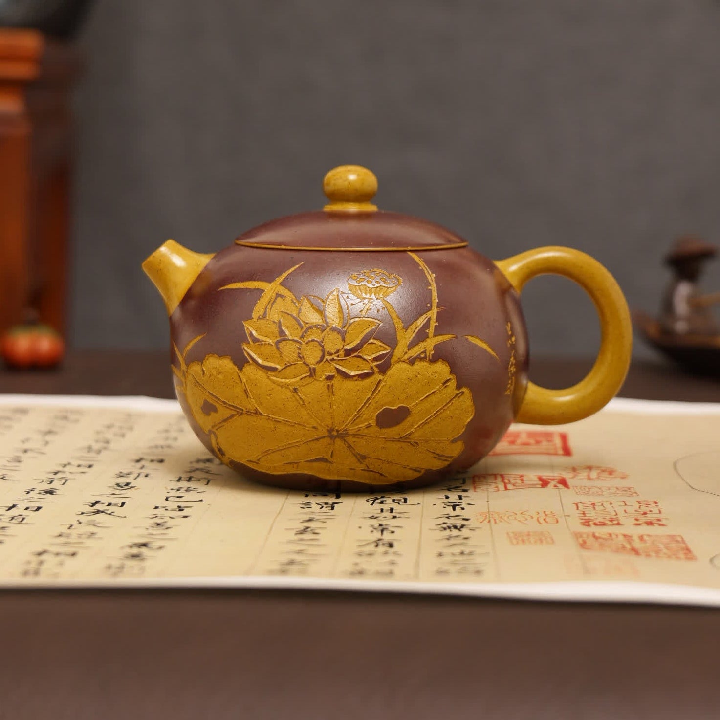 Lotus & 'Ode to Lotus' Carving Fully Handmade Duan Clay 'Xishi' Yixing Teapot