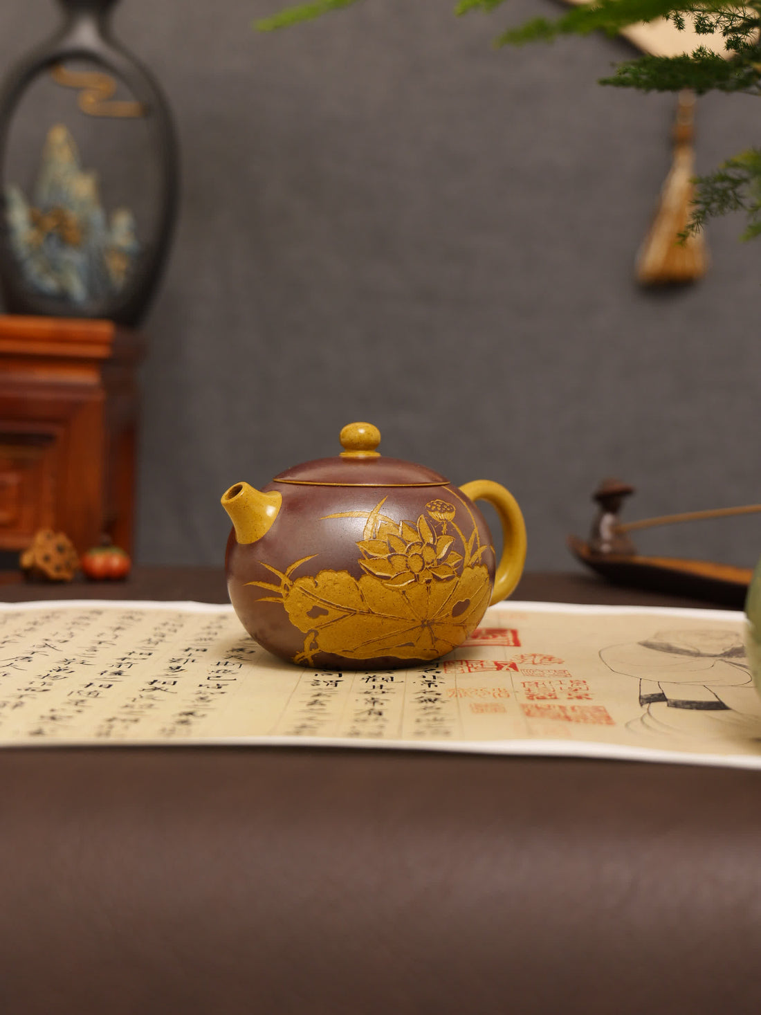 Lotus & 'Ode to Lotus' Carving Fully Handmade Duan Clay 'Xishi' Yixing Teapot