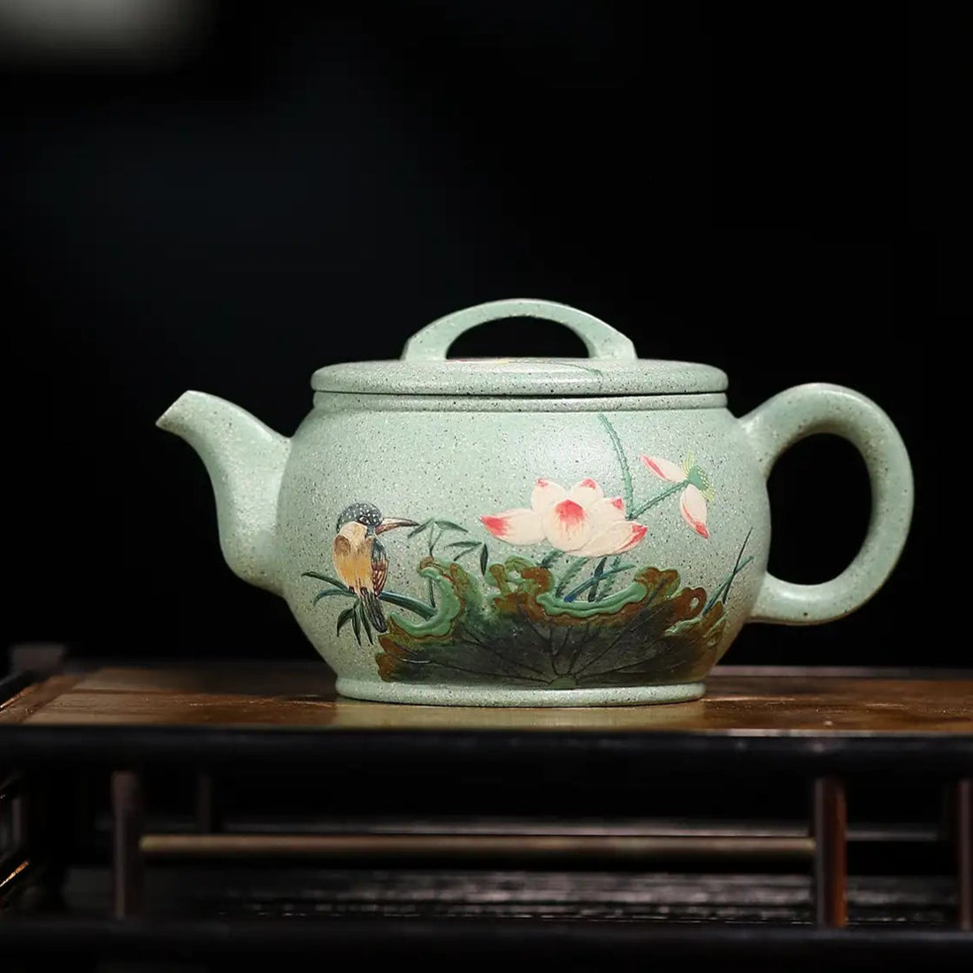Magpie & Lotus Painting Fully Handmade Jade Sand-Green Clay 'Han Wa' Yixing Teapot