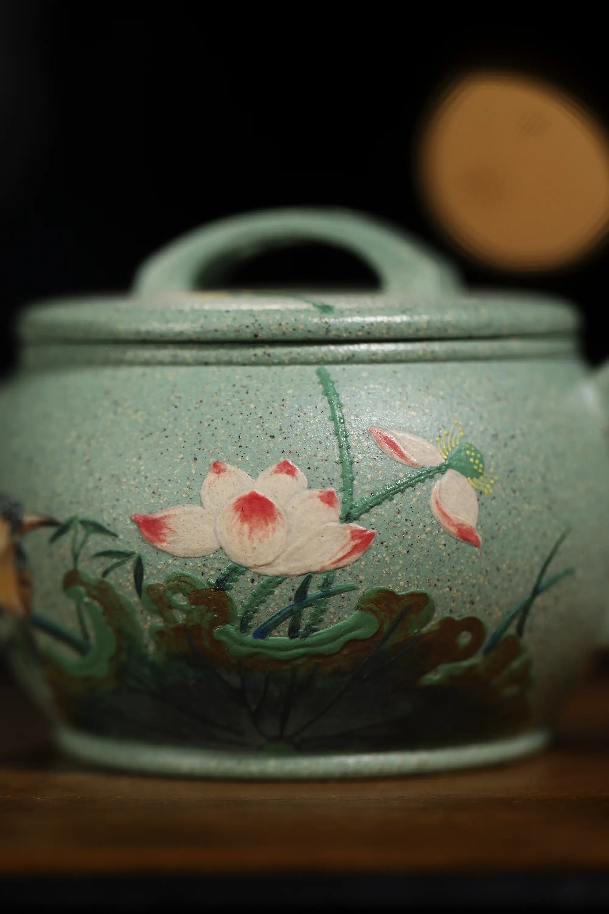Magpie & Lotus Painting Fully Handmade Jade Sand-Green Clay 'Han Wa' Yixing Teapot