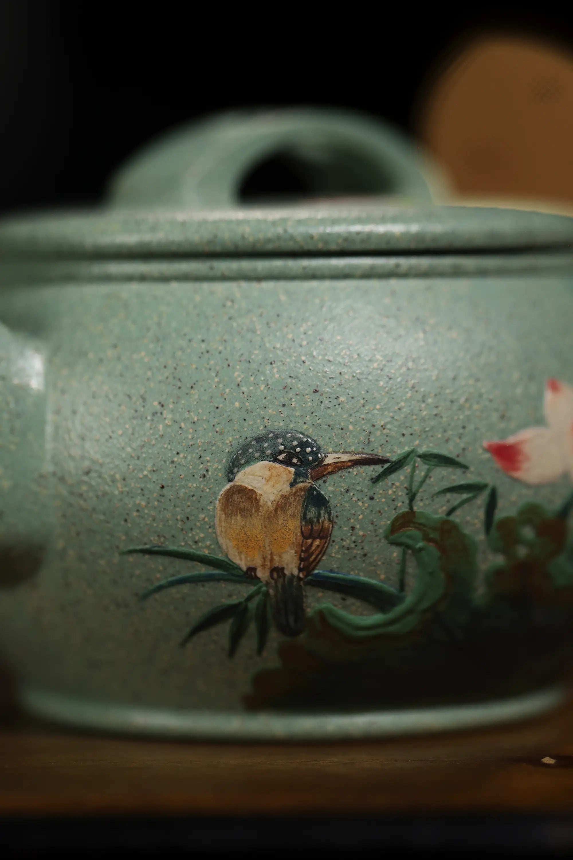 Magpie & Lotus Painting Fully Handmade Jade Sand-Green Clay 'Han Wa' Yixing Teapot