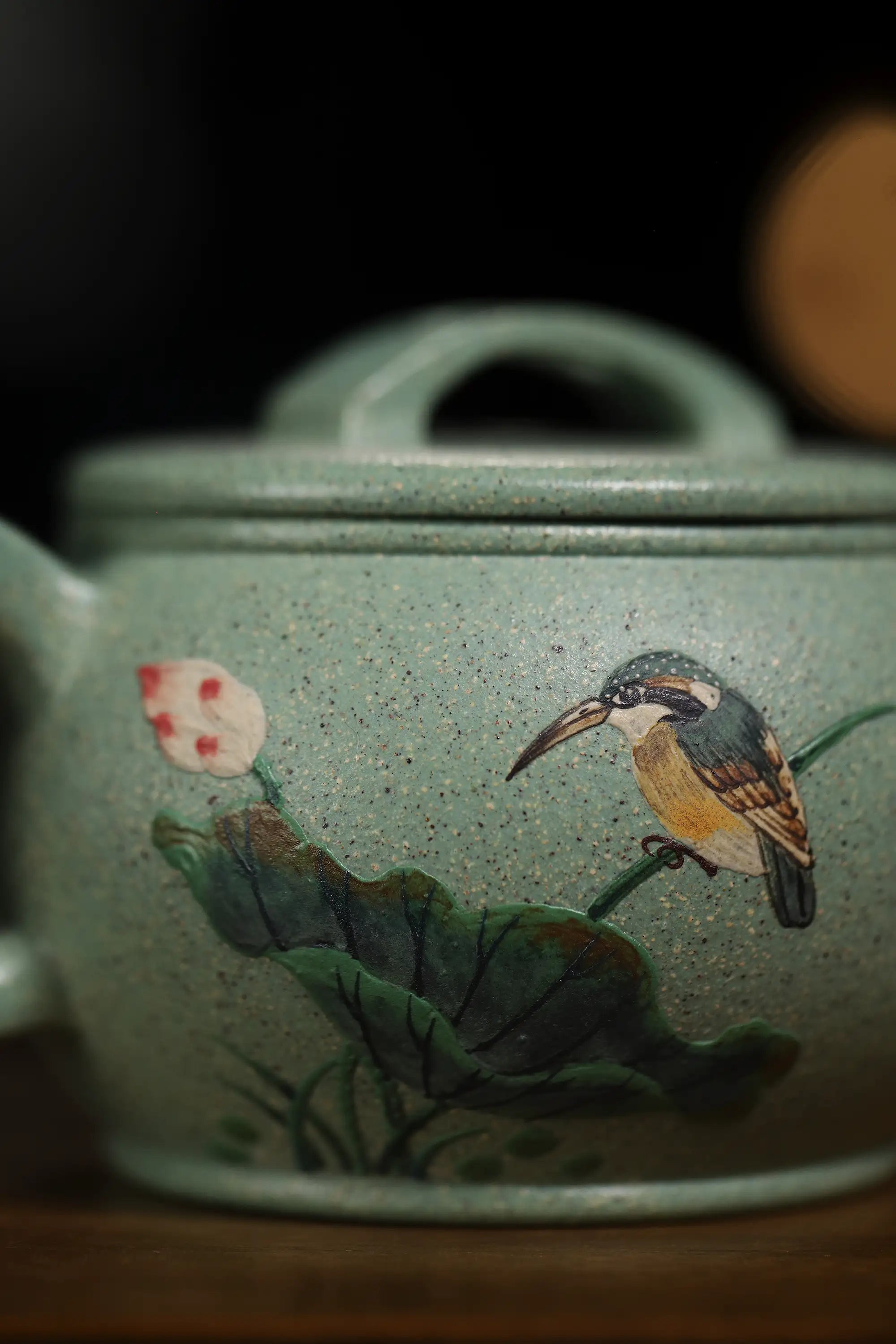 Magpie & Lotus Painting Fully Handmade Jade Sand-Green Clay 'Han Wa' Yixing Teapot