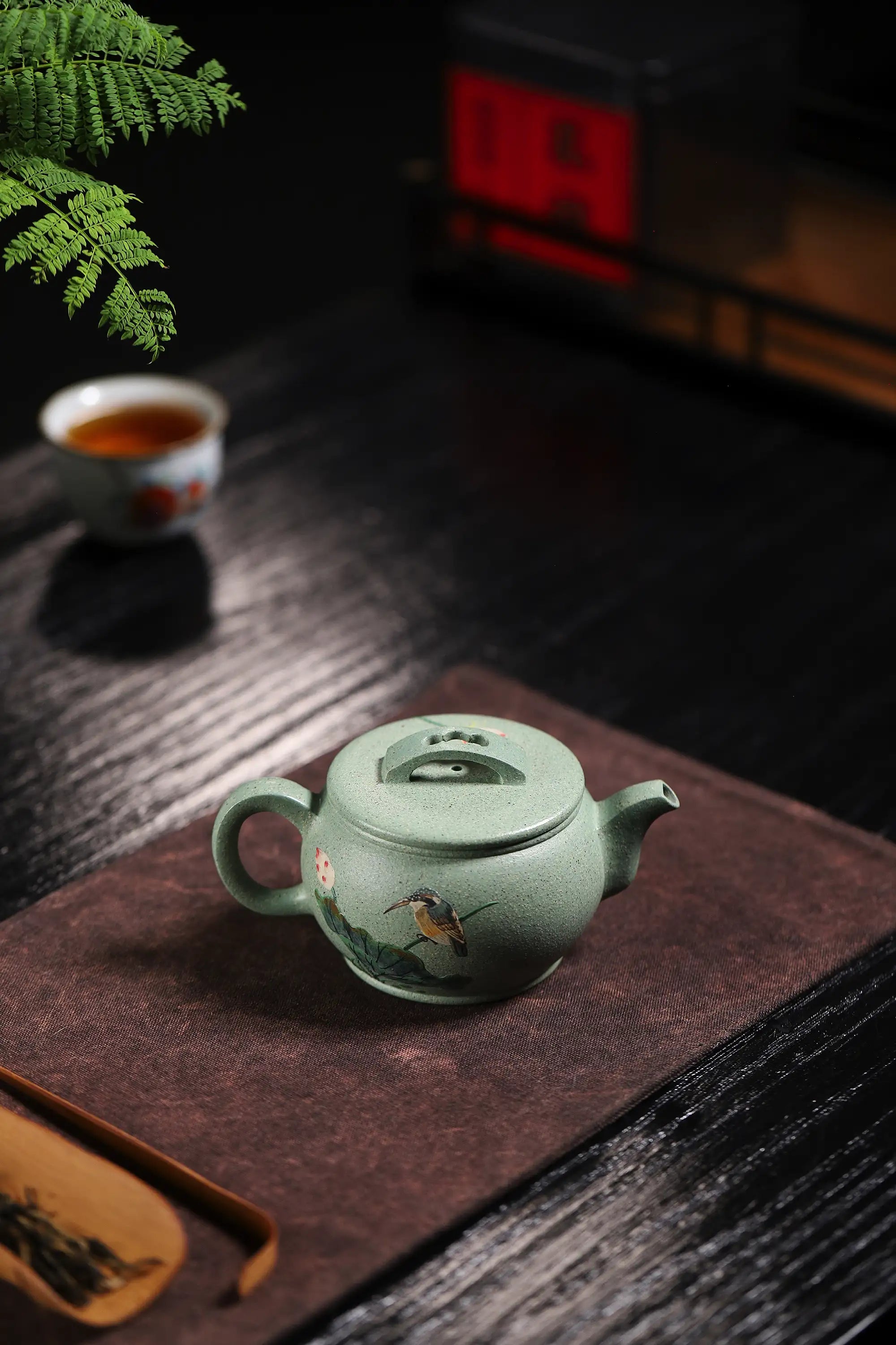 Magpie & Lotus Painting Fully Handmade Jade Sand-Green Clay 'Han Wa' Yixing Teapot
