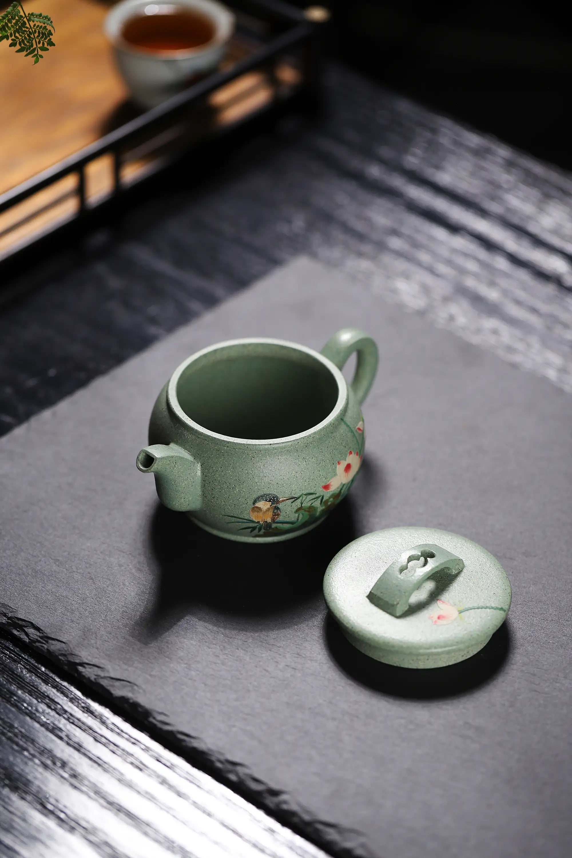 Magpie & Lotus Painting Fully Handmade Jade Sand-Green Clay 'Han Wa' Yixing Teapot