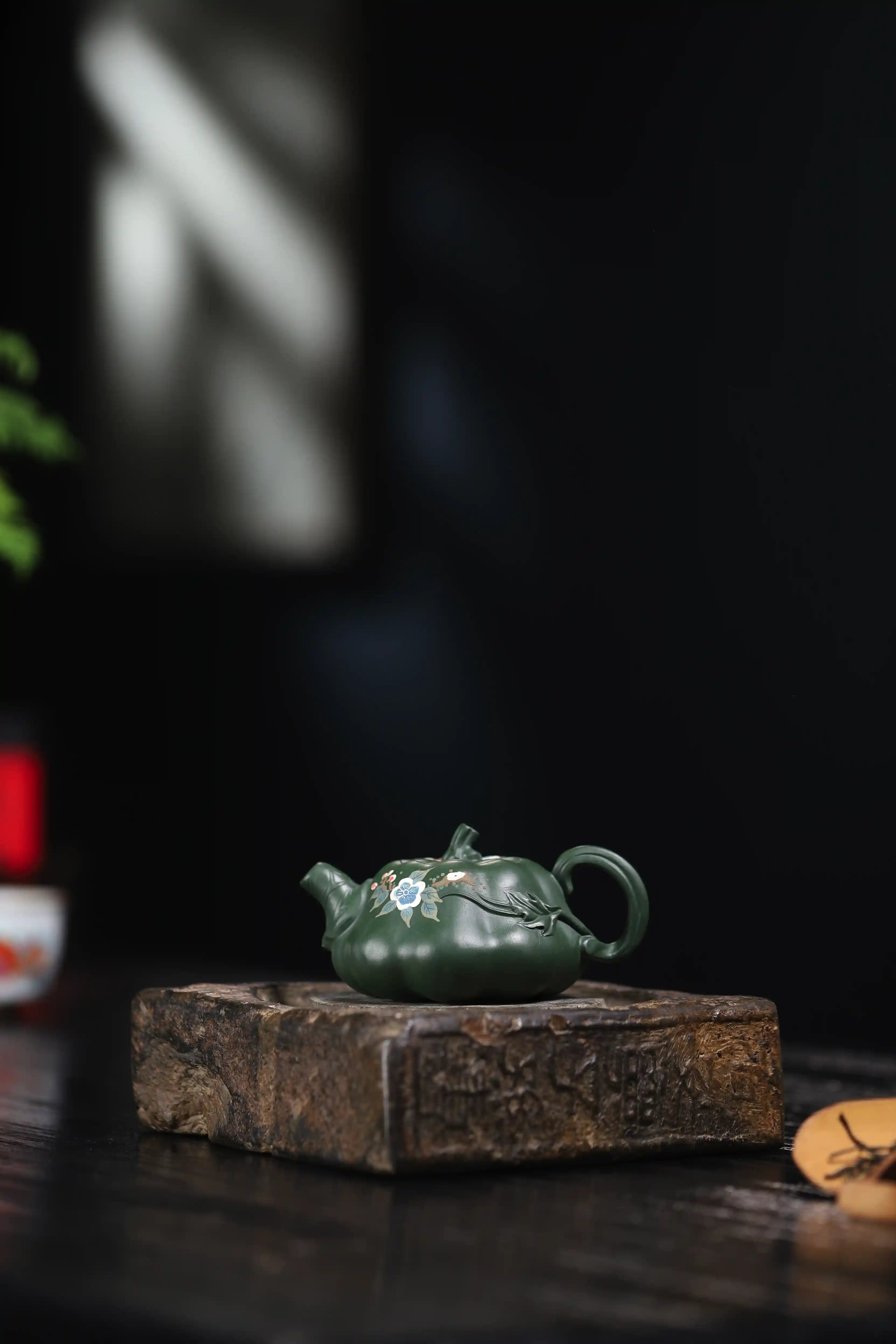 Magpie on Plum Blossom Painting Fully Handmade Aged Green Clay Pumpkin-shaped Yixing Teapot