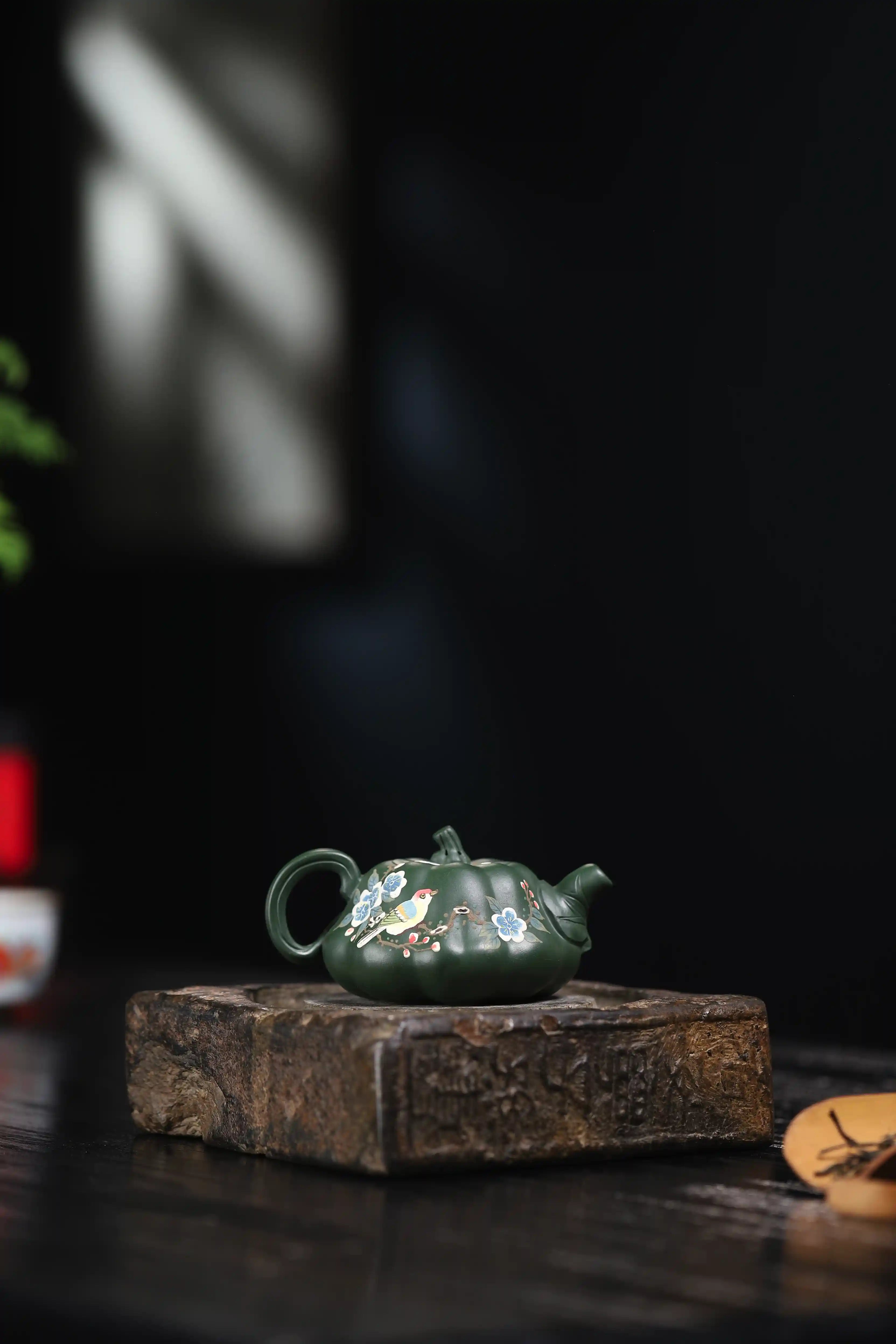 Magpie on Plum Blossom Painting Fully Handmade Aged Green Clay Pumpkin-shaped Yixing Teapot