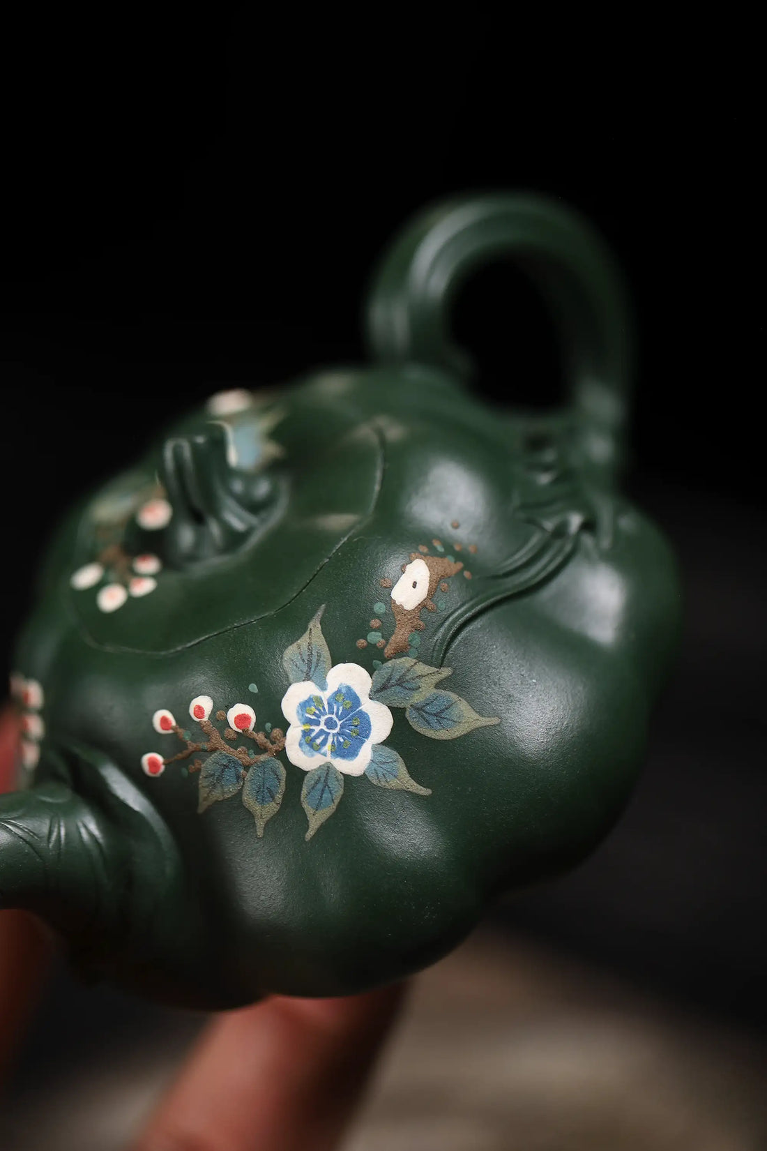 Magpie on Plum Blossom Painting Fully Handmade Aged Green Clay Pumpkin-shaped Yixing Teapot
