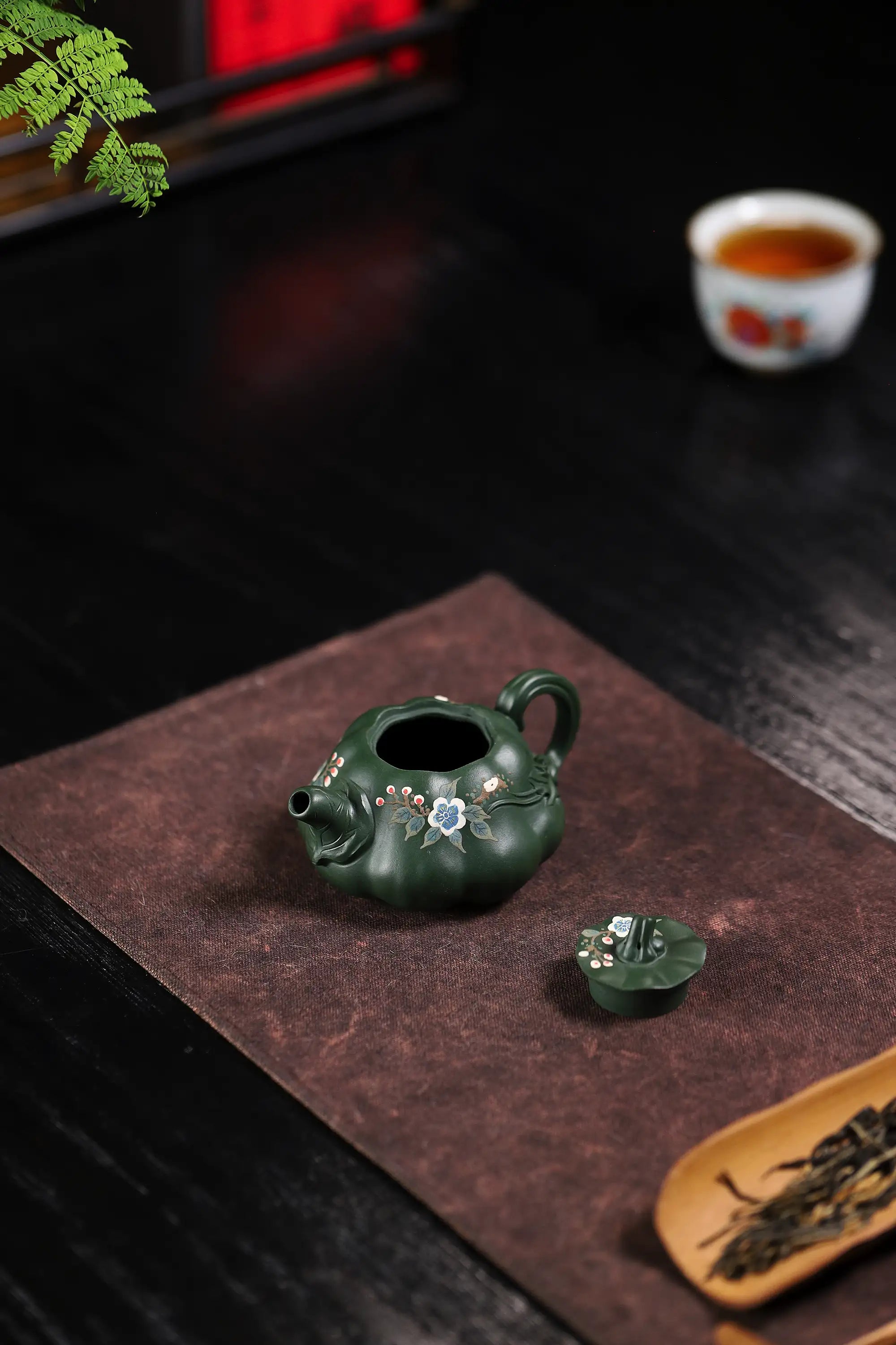 Magpie on Plum Blossom Painting Fully Handmade Aged Green Clay Pumpkin-shaped Yixing Teapot
