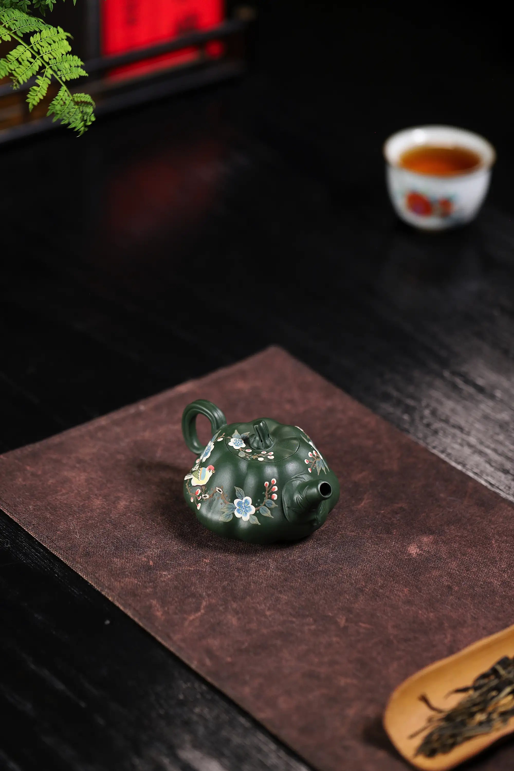 Magpie on Plum Blossom Painting Fully Handmade Aged Green Clay Pumpkin-shaped Yixing Teapot