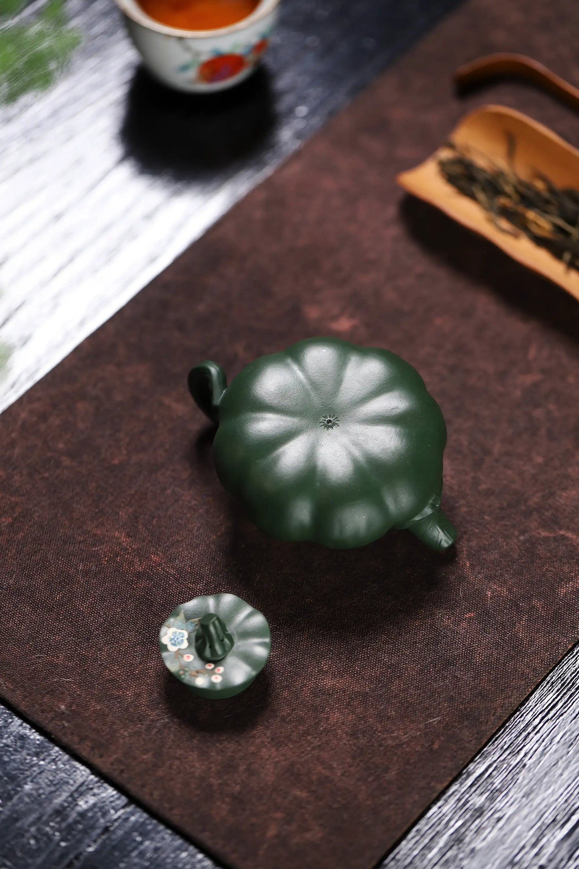 Magpie on Plum Blossom Painting Fully Handmade Aged Green Clay Pumpkin-shaped Yixing Teapot