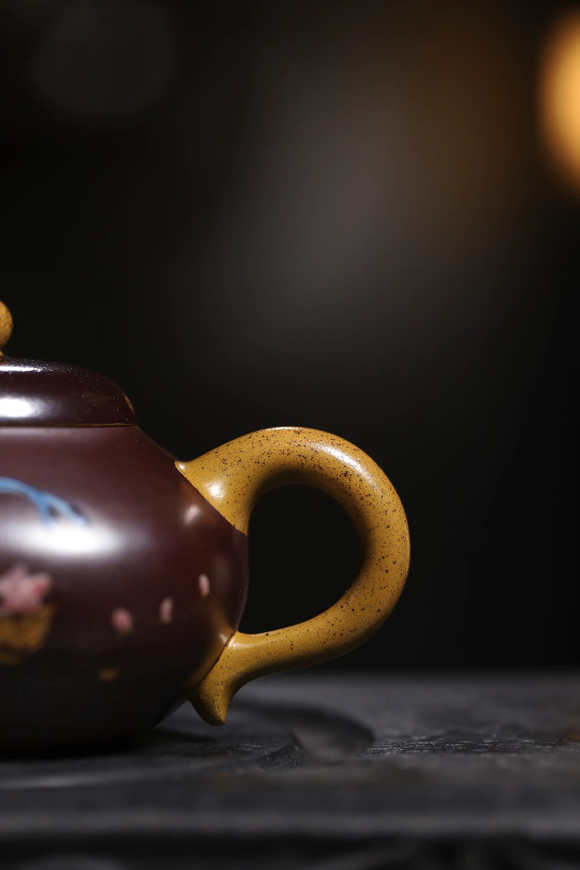 Magpie on Plum Blossom Powder-Decorated Fully Handmade Golden Duan Clay 'Short Pear' Yixing Teapot
