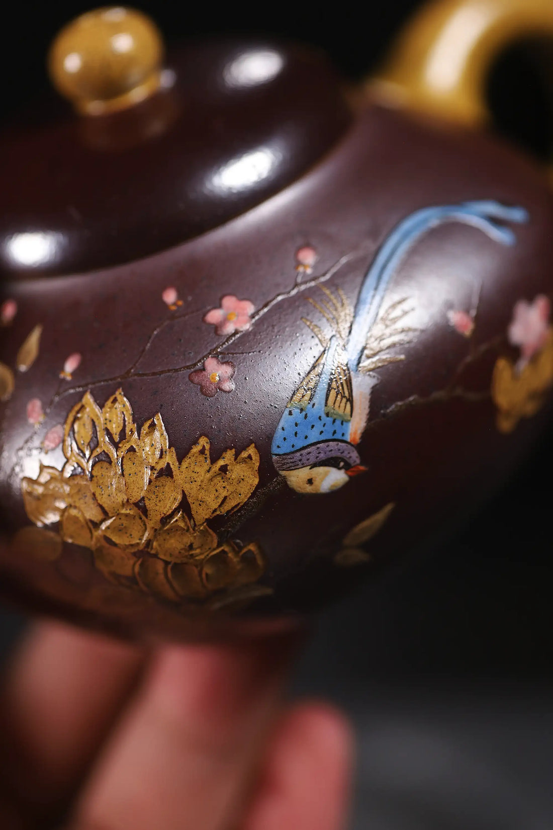 Magpie on Plum Blossom Powder-Decorated Fully Handmade Golden Duan Clay 'Short Pear' Yixing Teapot