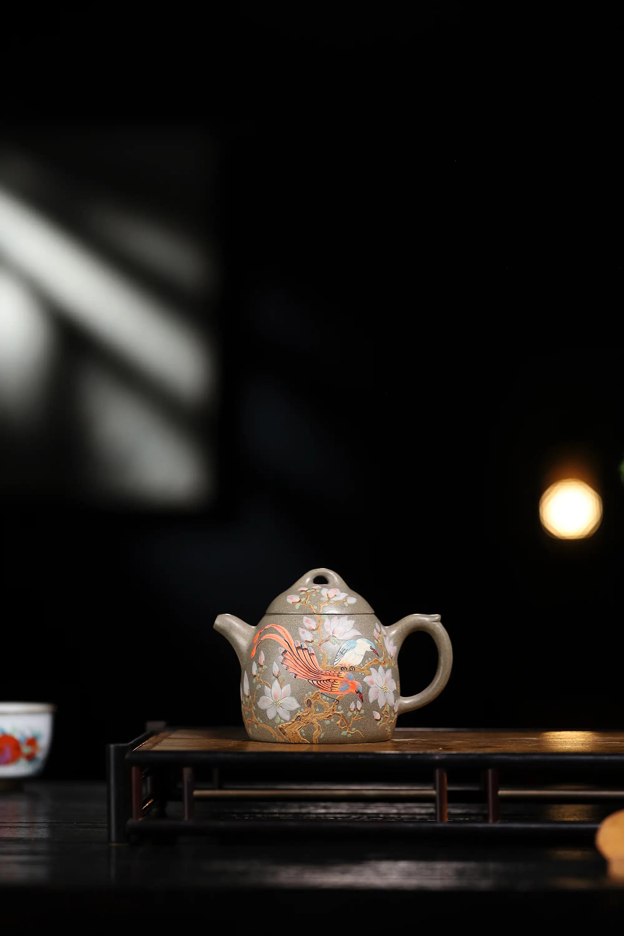 Magpie on Plum Branch Clay-Painting Fully Handmade Sharkskin Green Clay 'Qin Quan' Yixing Teapot