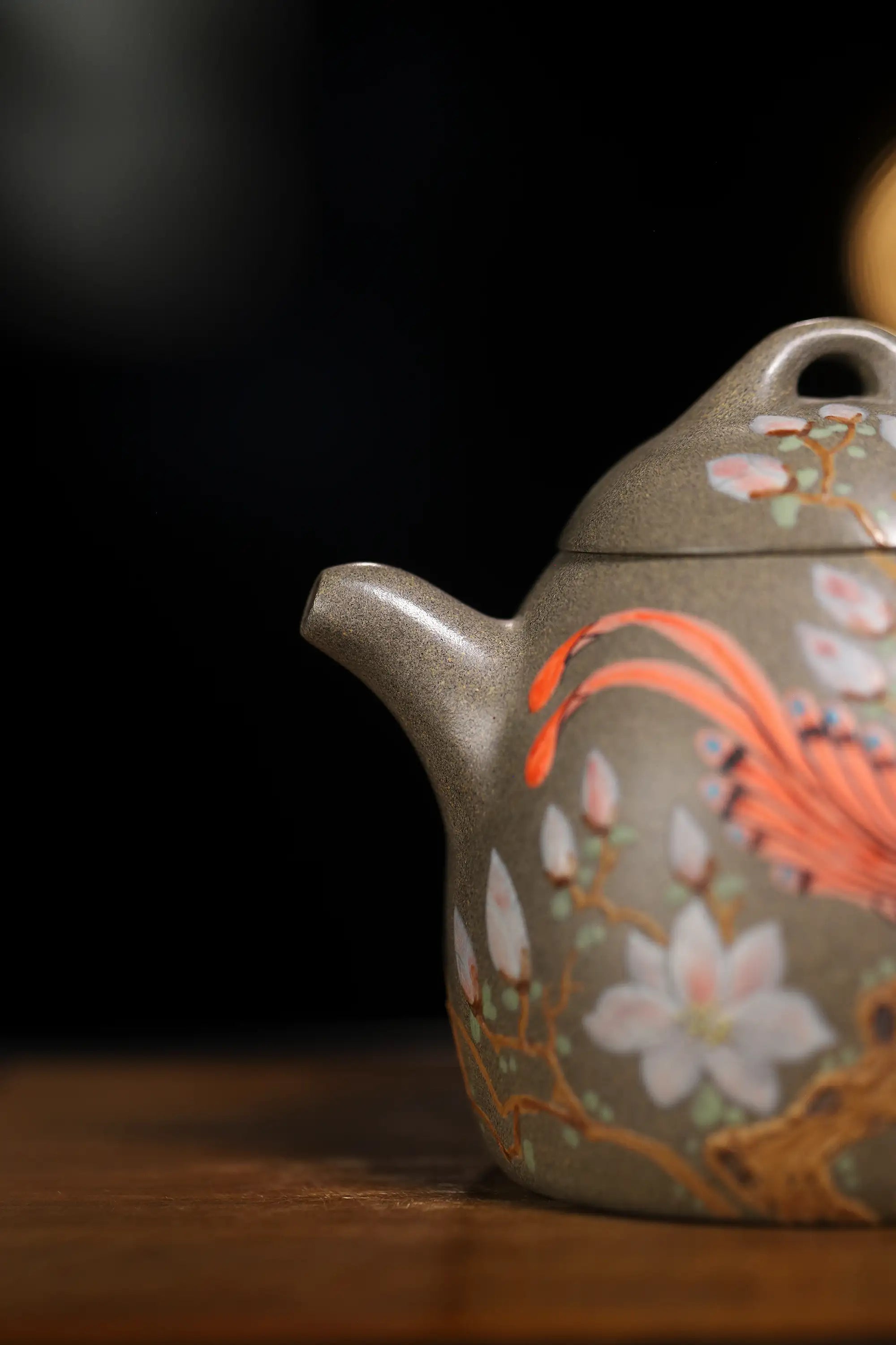 Magpie on Plum Branch Clay-Painting Fully Handmade Sharkskin Green Clay 'Qin Quan' Yixing Teapot