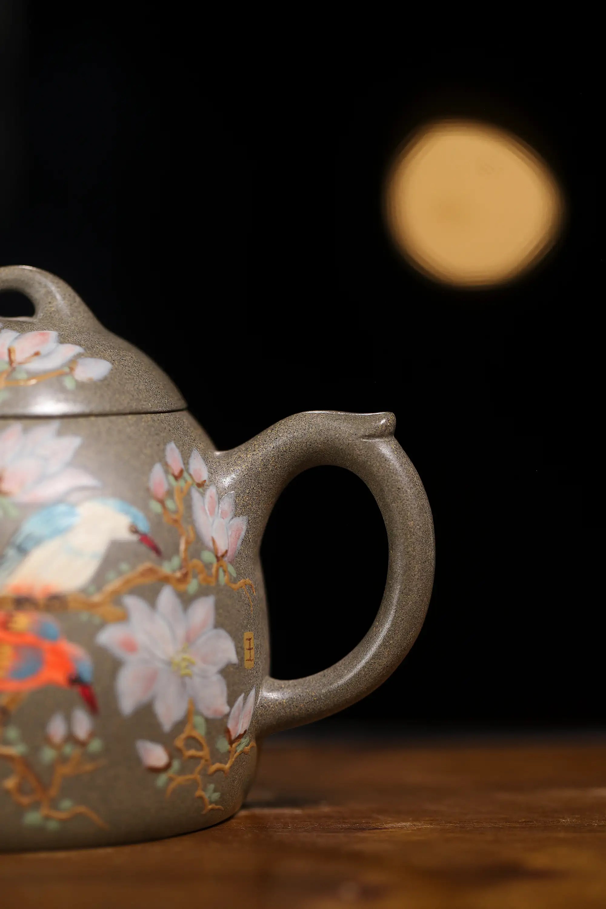 Magpie on Plum Branch Clay-Painting Fully Handmade Sharkskin Green Clay 'Qin Quan' Yixing Teapot