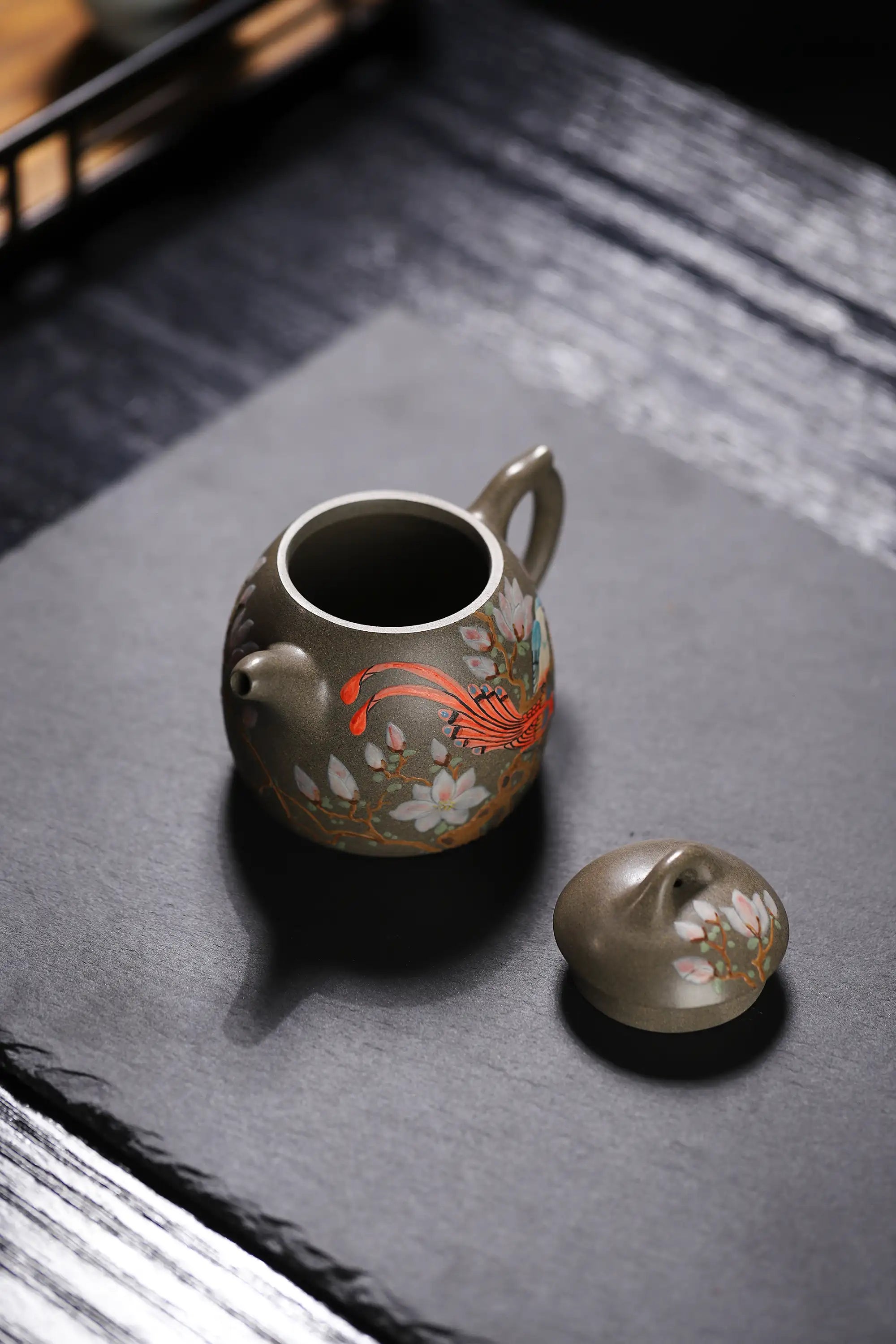 Magpie on Plum Branch Clay-Painting Fully Handmade Sharkskin Green Clay 'Qin Quan' Yixing Teapot