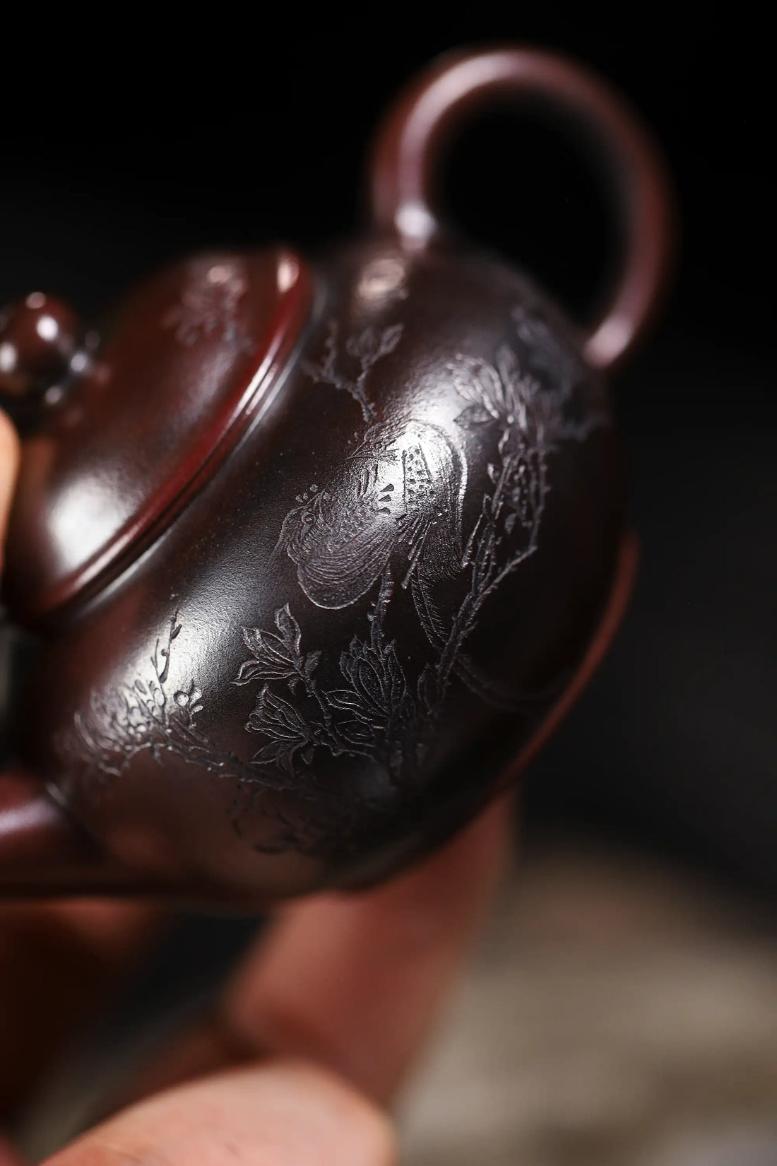 Magpie on Plum Branch Engraving Fully Handmade Purple Gold Sand 'Shui Ping' Yixing Teapot