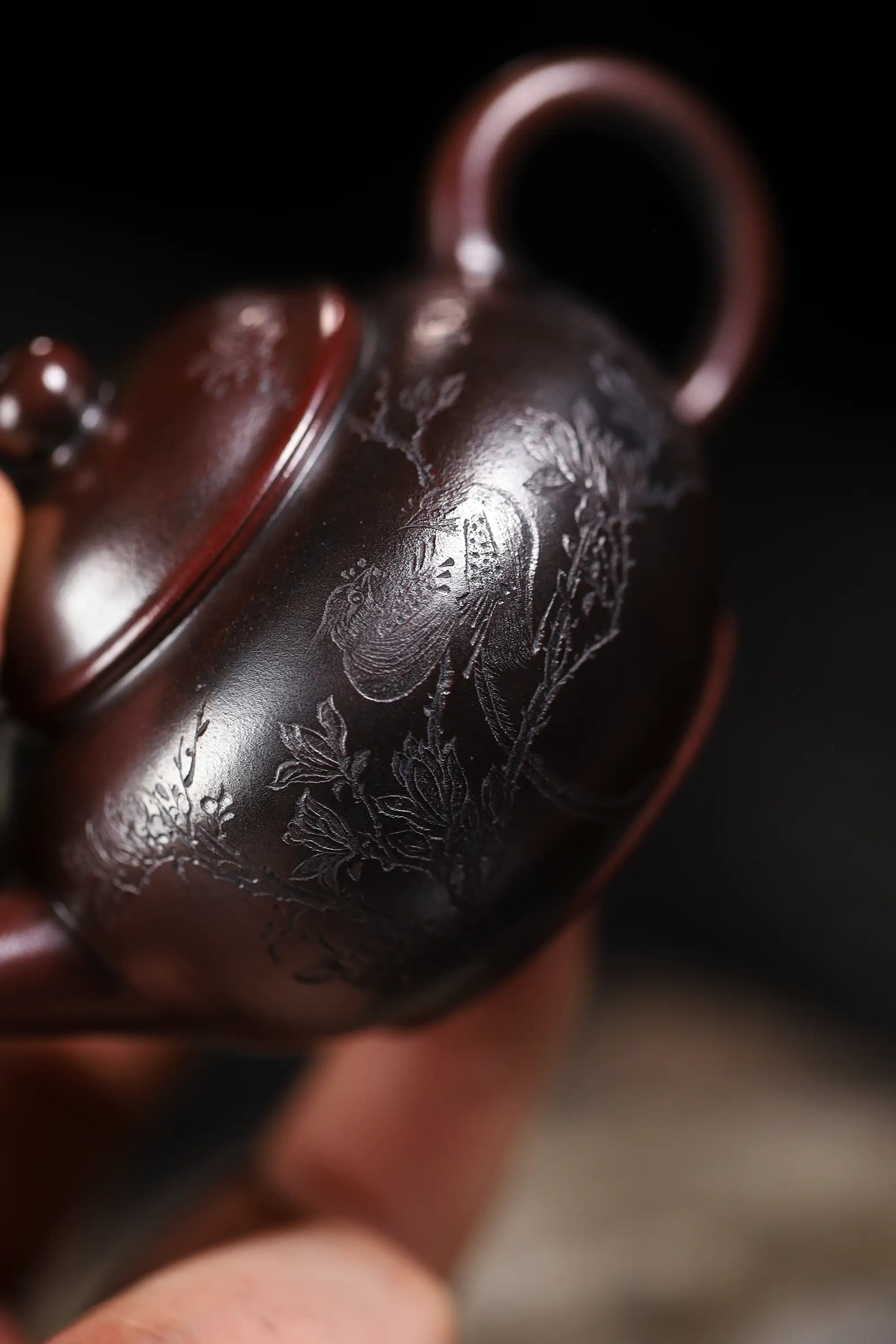Magpie on Plum Branch Engraving Fully Handmade Purple Gold Sand 'Shui Ping' Yixing Teapot