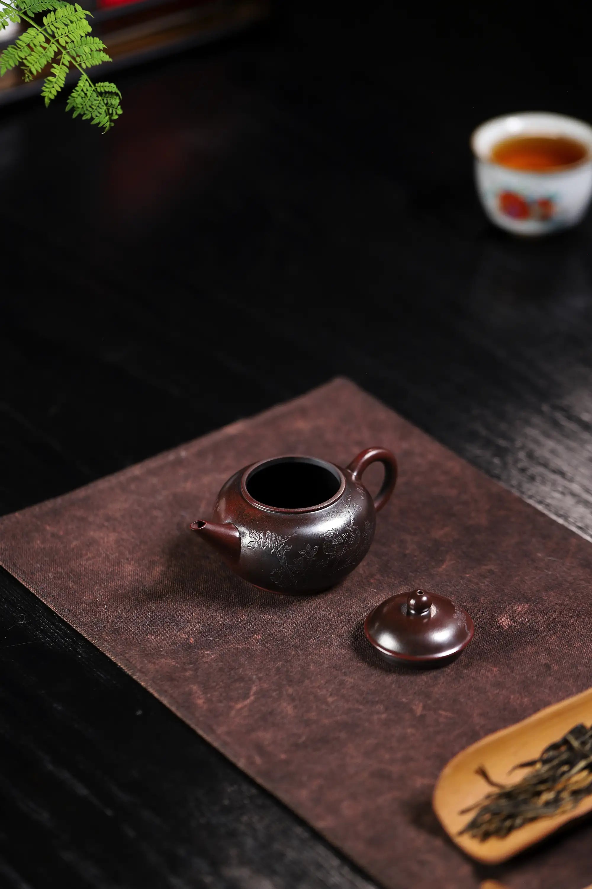 Magpie on Plum Branch Engraving Fully Handmade Purple Gold Sand 'Shui Ping' Yixing Teapot