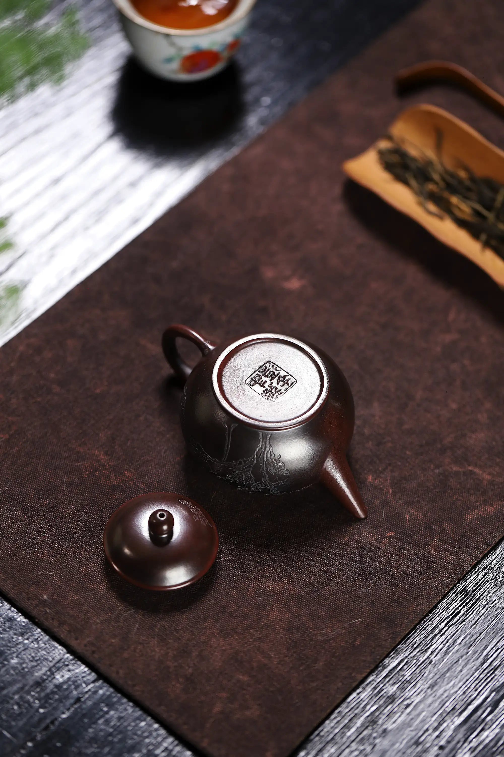 Magpie on Plum Branch Engraving Fully Handmade Purple Gold Sand 'Shui Ping' Yixing Teapot