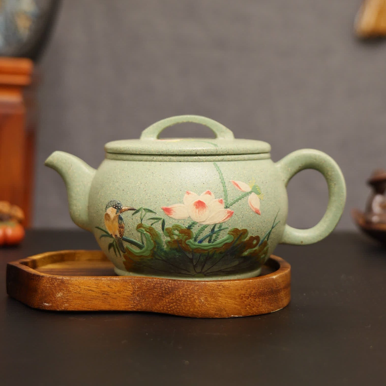 Magpie & Lotus Painting Fully Handmade Jade Sand-Green Clay 'Han Wa' Yixing Teapot
