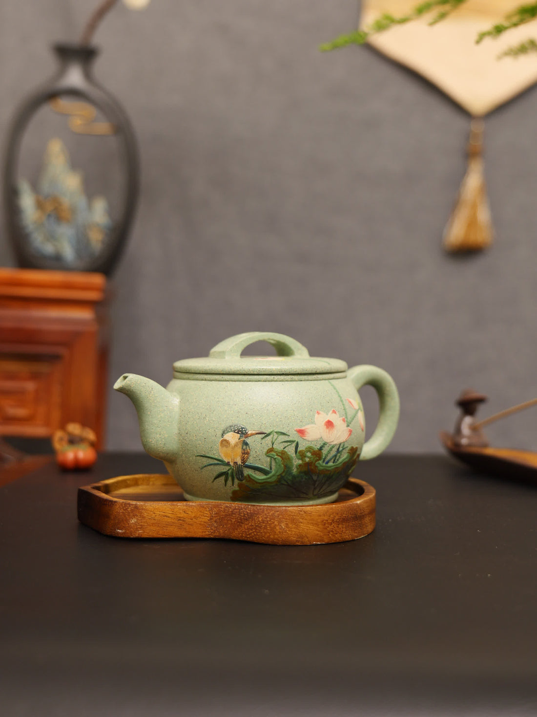 Magpie & Lotus Painting Fully Handmade Jade Sand-Green Clay 'Han Wa' Yixing Teapot