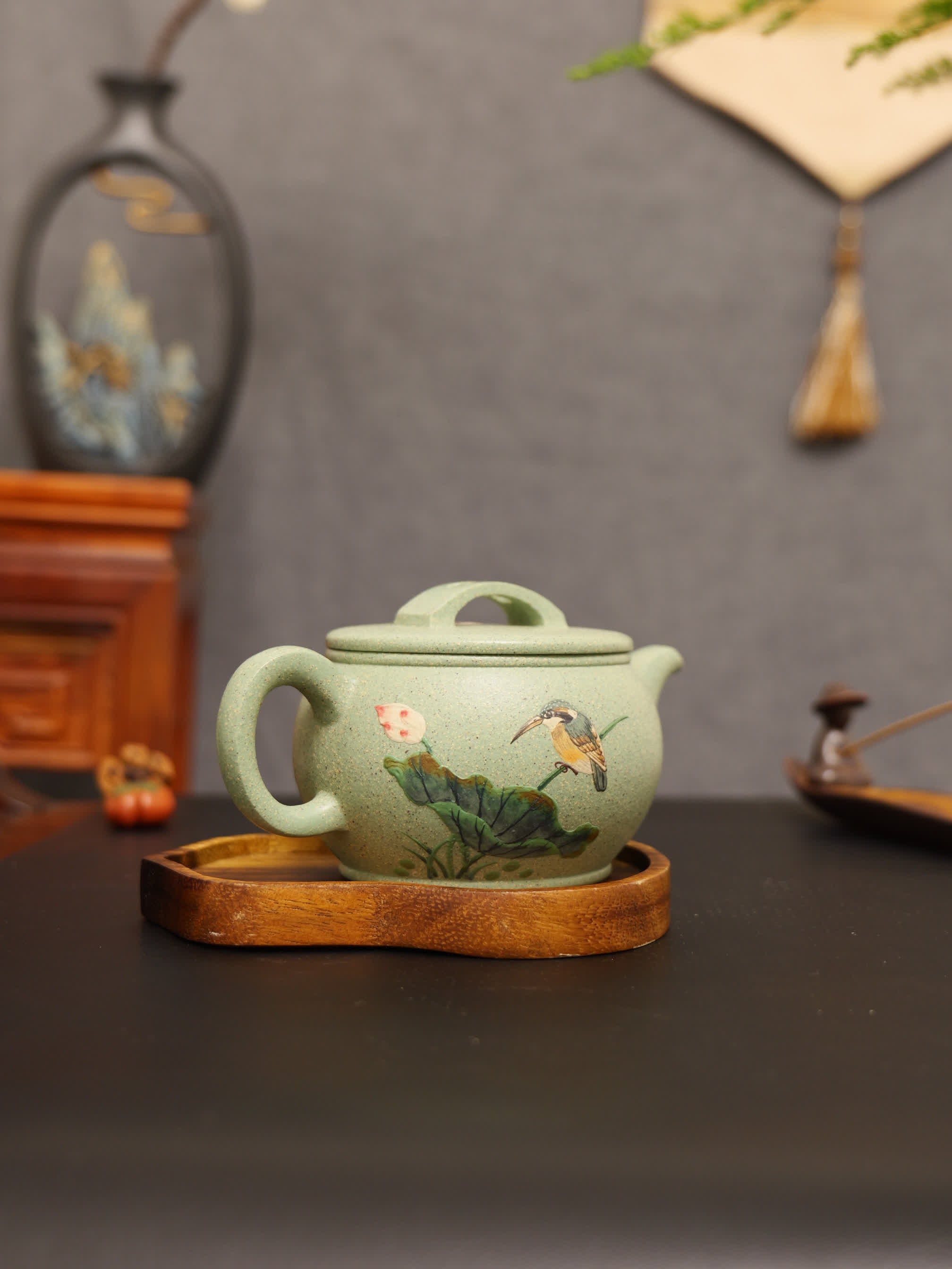 Magpie & Lotus Painting Fully Handmade Jade Sand-Green Clay 'Han Wa' Yixing Teapot