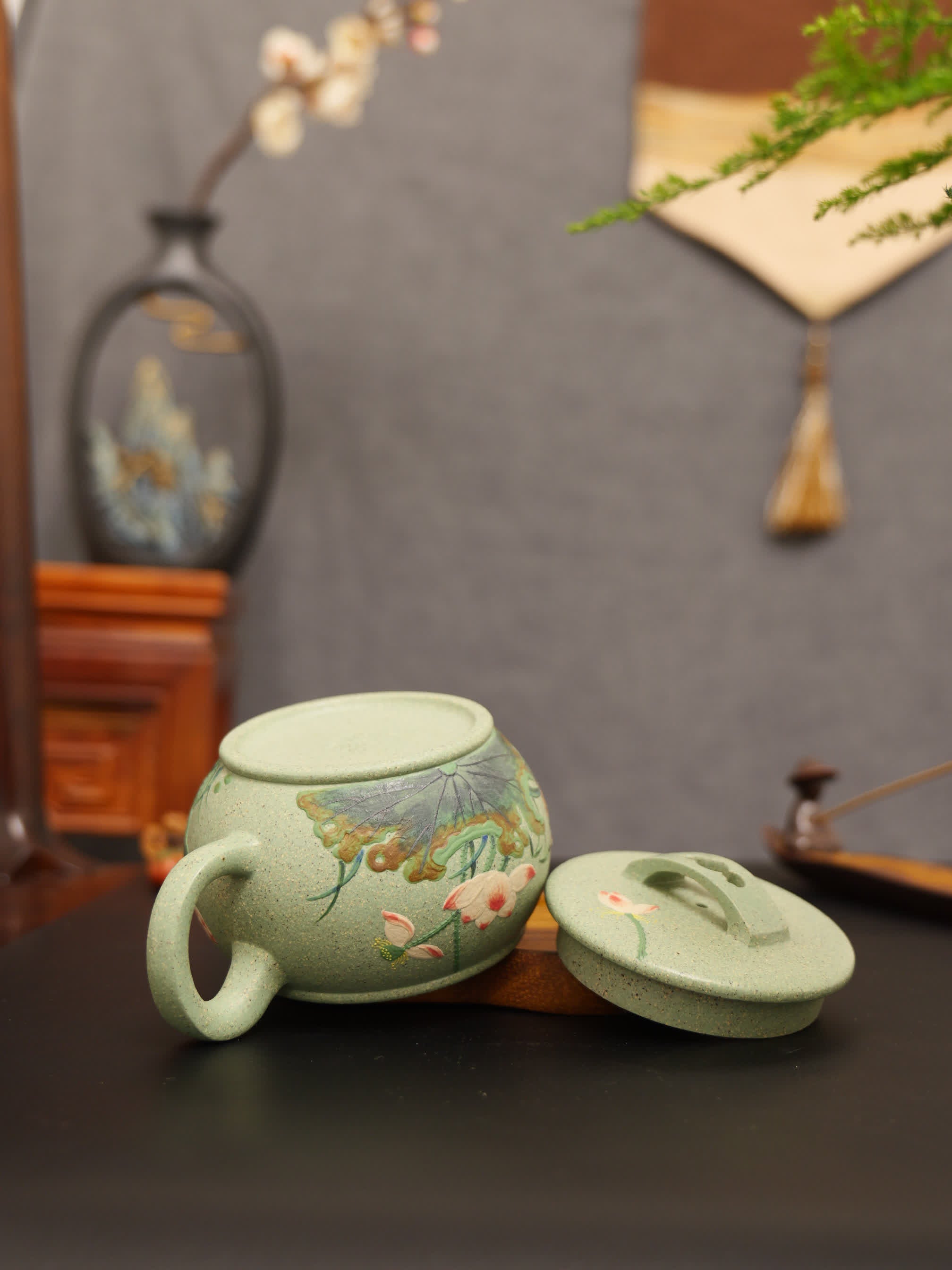 Magpie & Lotus Painting Fully Handmade Jade Sand-Green Clay 'Han Wa' Yixing Teapot