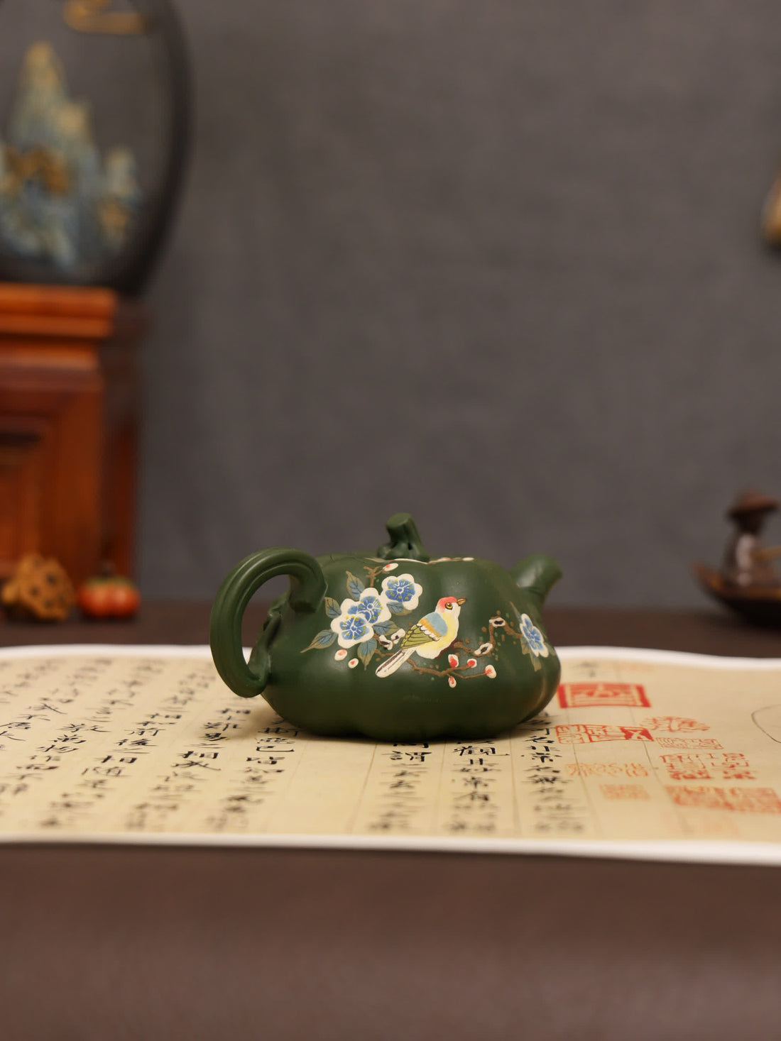 Magpie on Plum Blossom Painting Fully Handmade Aged Green Clay Pumpkin-shaped Yixing Teapot