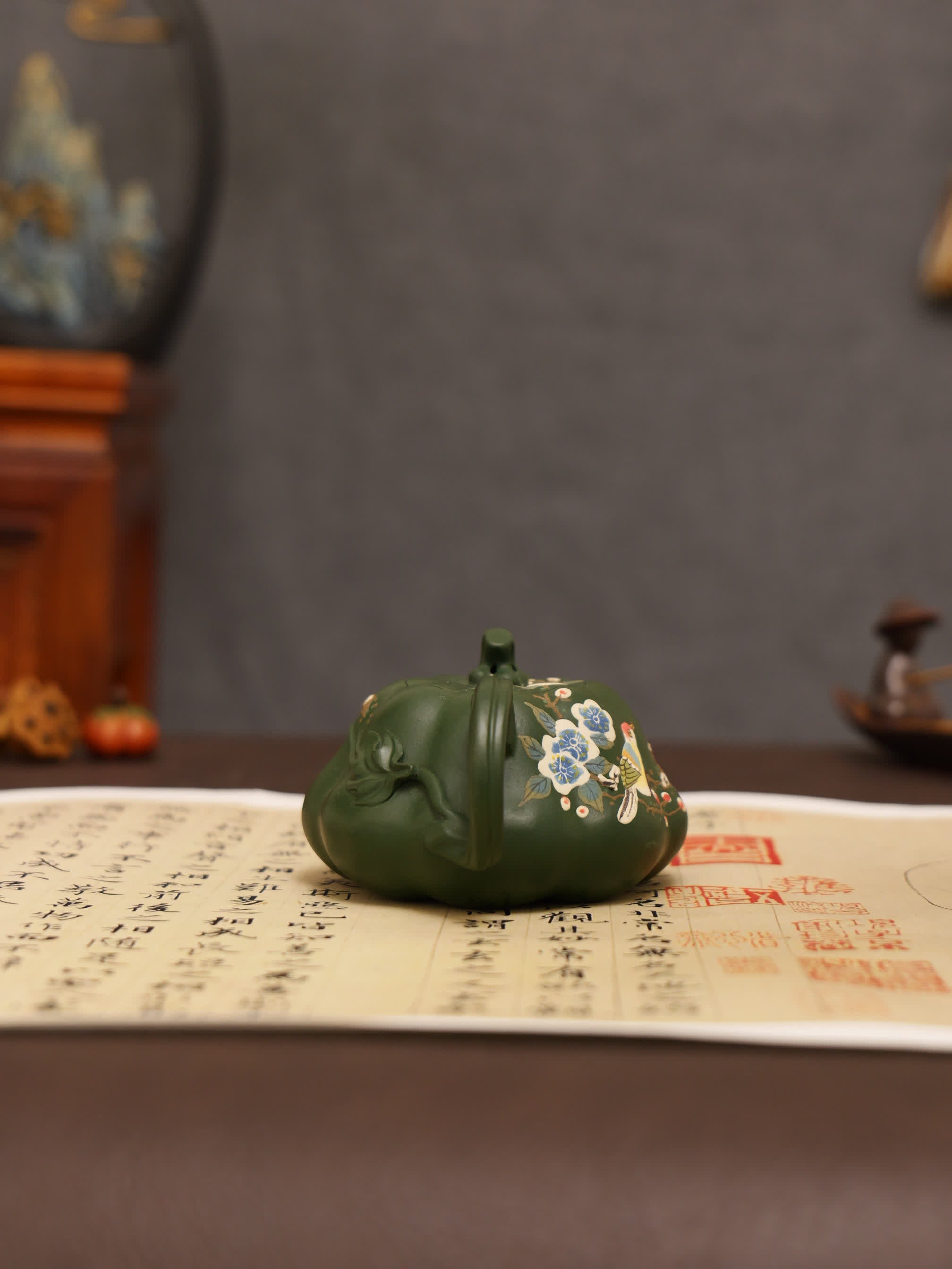 Magpie on Plum Blossom Painting Fully Handmade Aged Green Clay Pumpkin-shaped Yixing Teapot