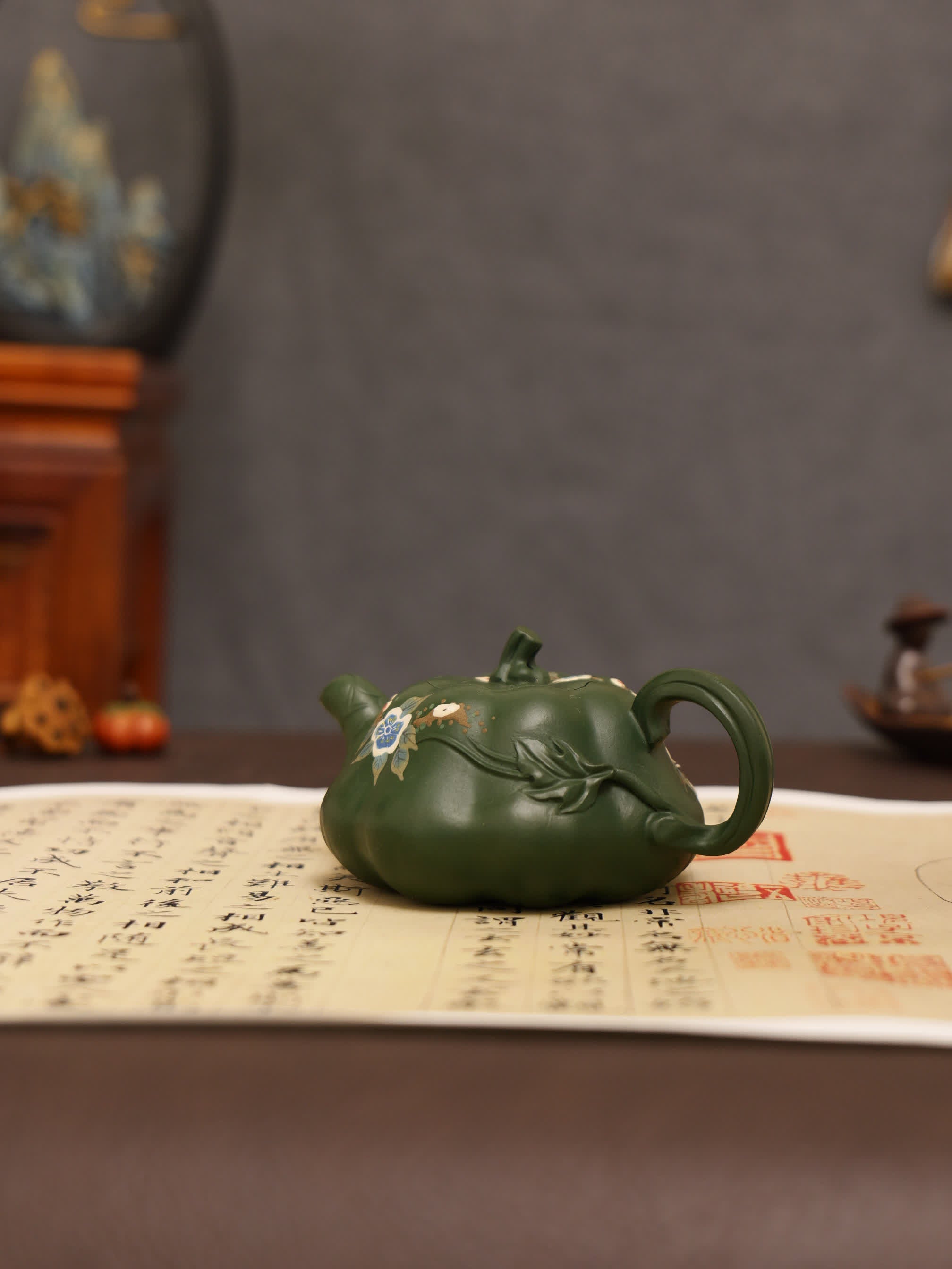 Magpie on Plum Blossom Painting Fully Handmade Aged Green Clay Pumpkin-shaped Yixing Teapot