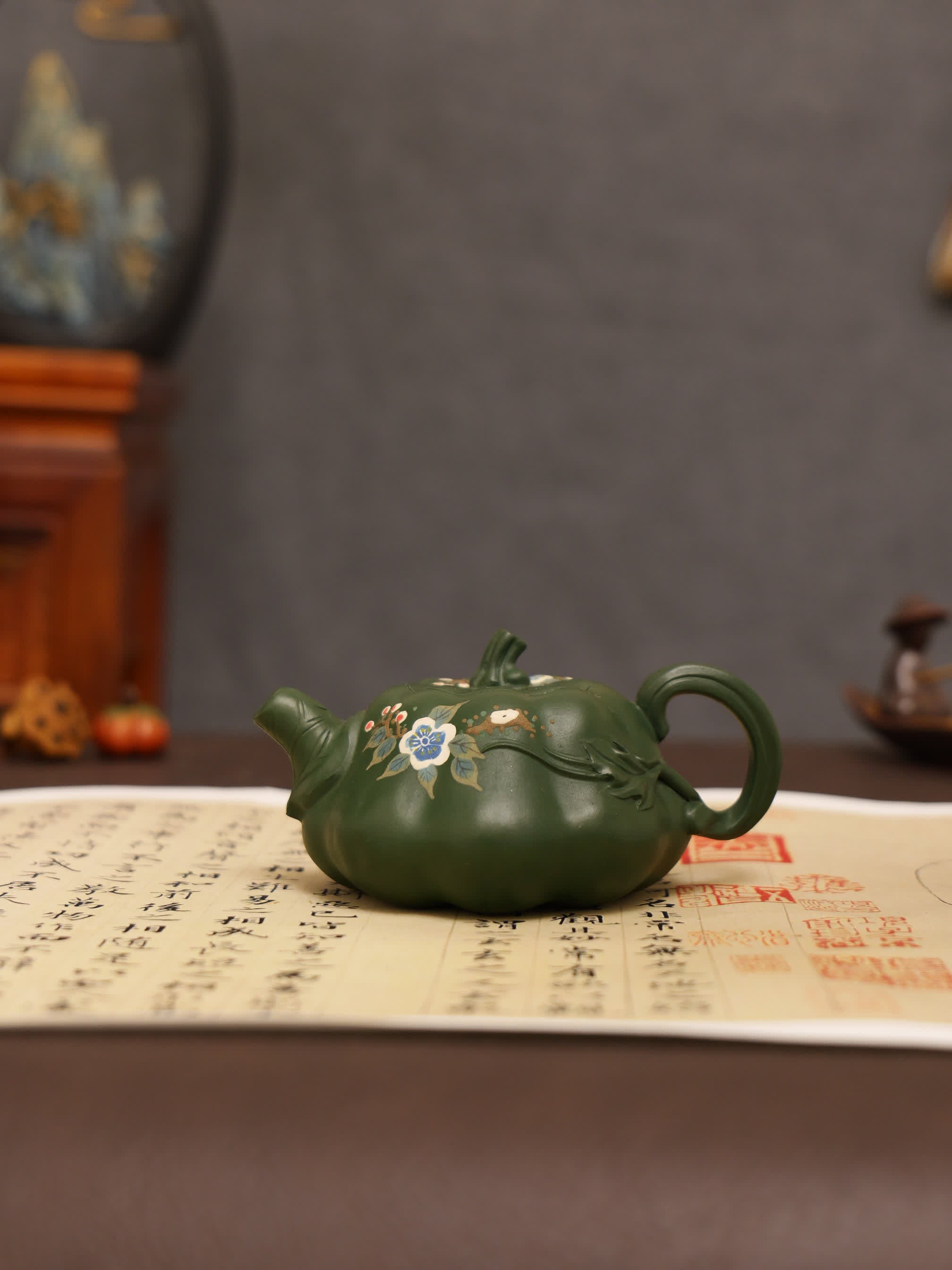 Magpie on Plum Blossom Painting Fully Handmade Aged Green Clay Pumpkin-shaped Yixing Teapot