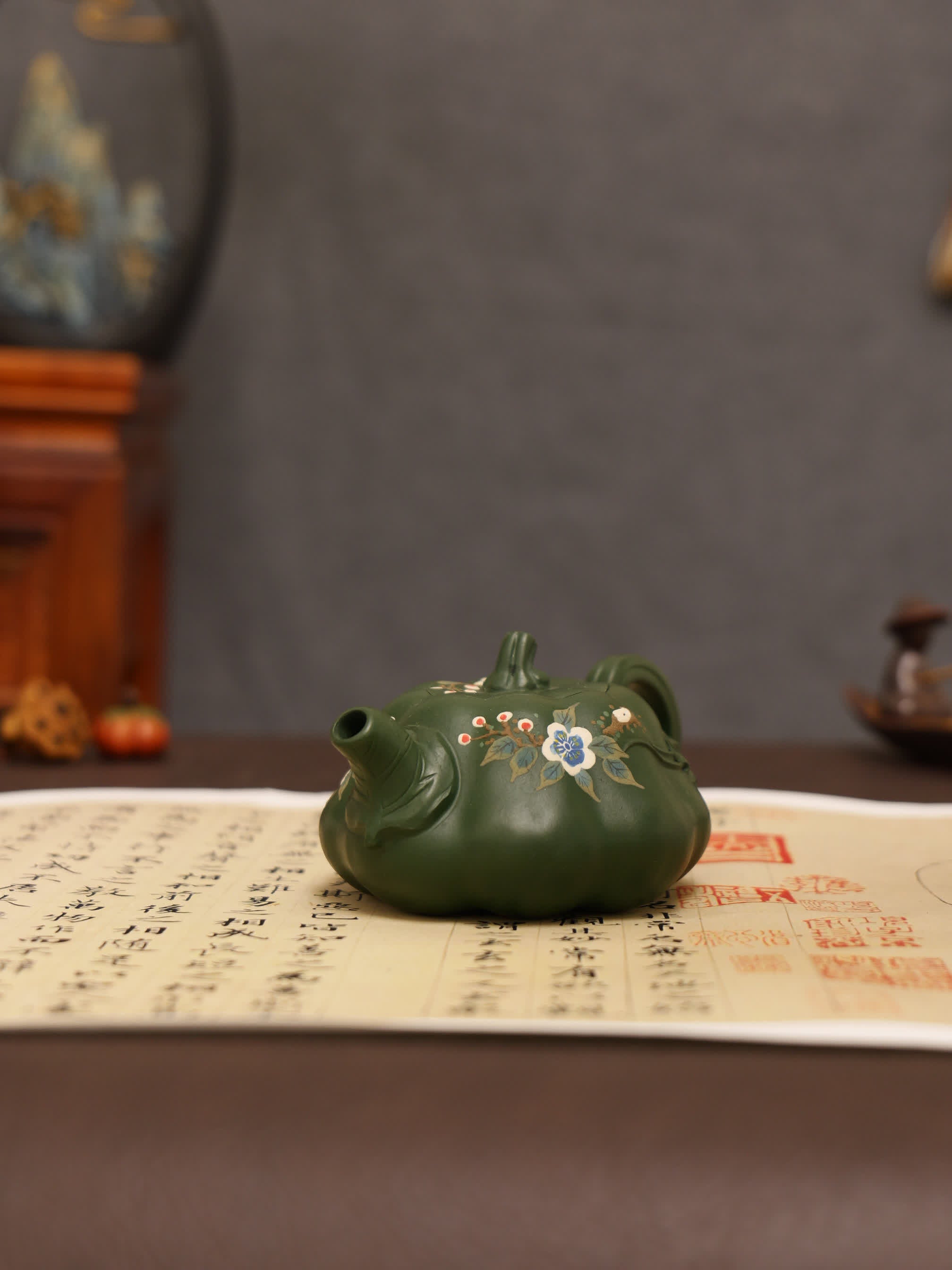 Magpie on Plum Blossom Painting Fully Handmade Aged Green Clay Pumpkin-shaped Yixing Teapot