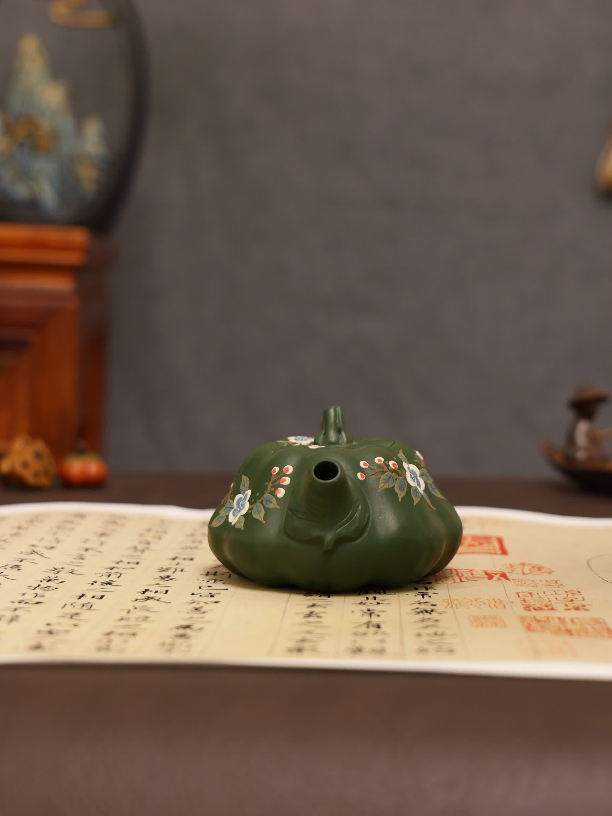 Magpie on Plum Blossom Painting Fully Handmade Aged Green Clay Pumpkin-shaped Yixing Teapot