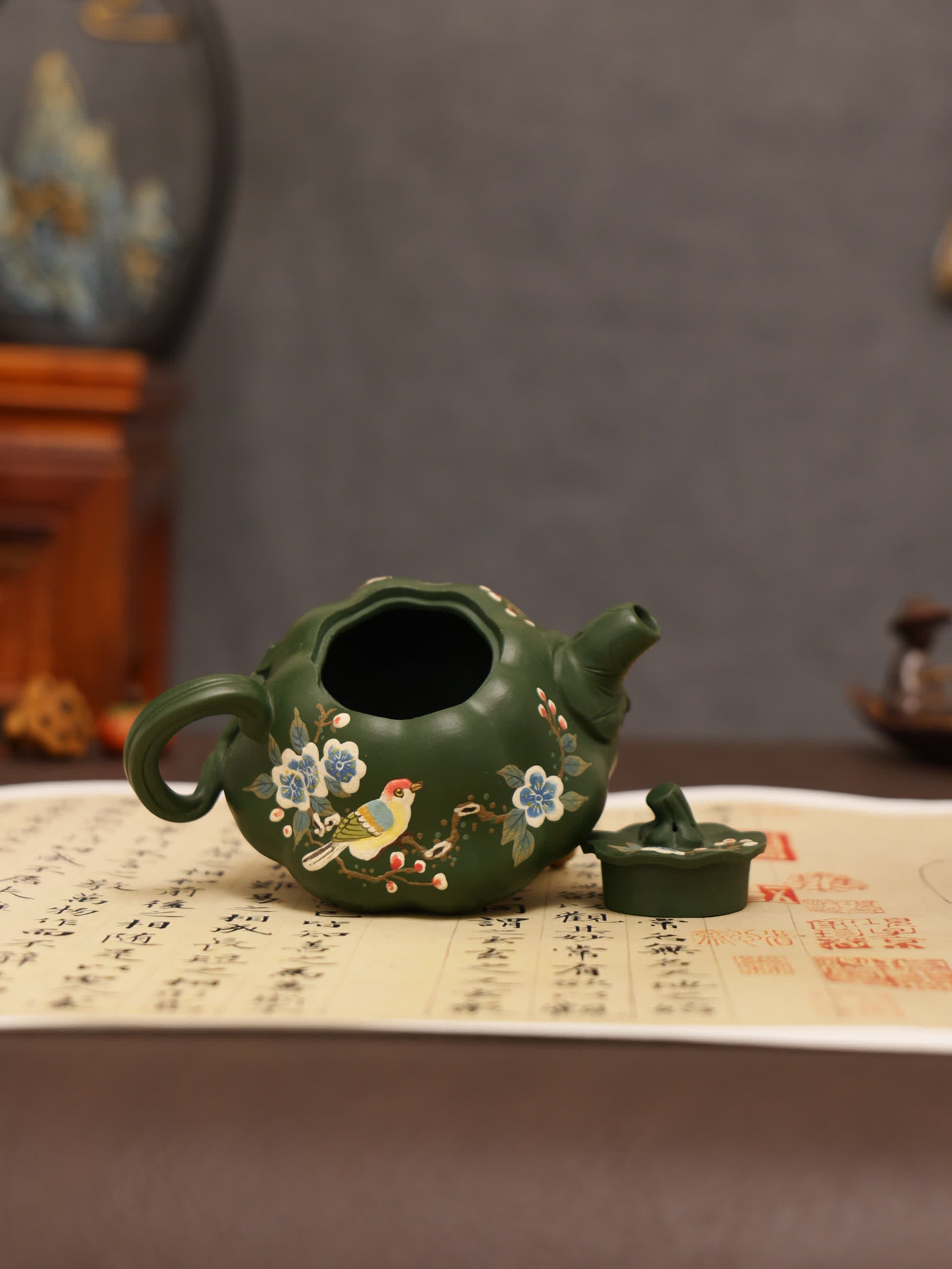 Magpie on Plum Blossom Painting Fully Handmade Aged Green Clay Pumpkin-shaped Yixing Teapot