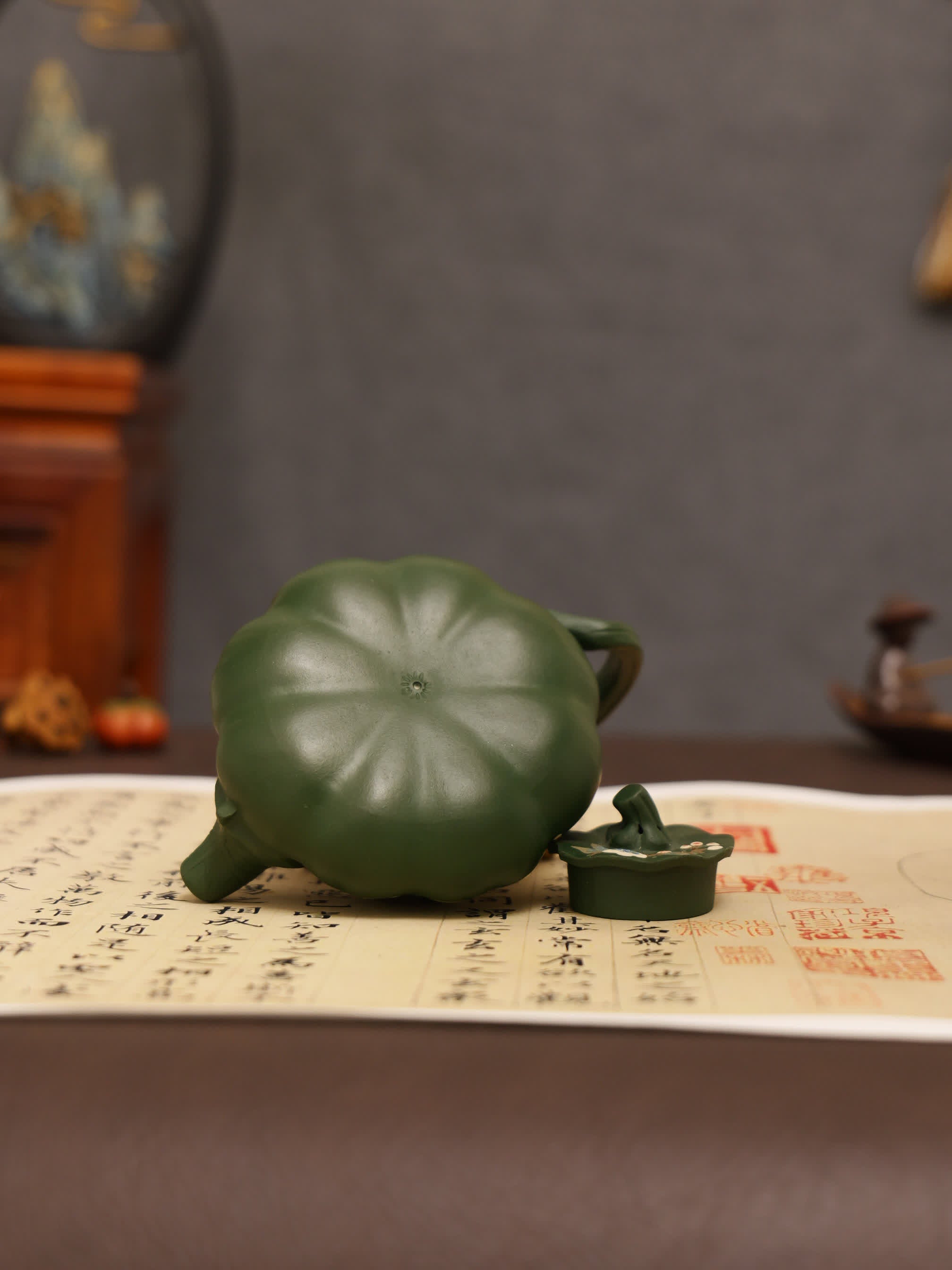 Magpie on Plum Blossom Painting Fully Handmade Aged Green Clay Pumpkin-shaped Yixing Teapot