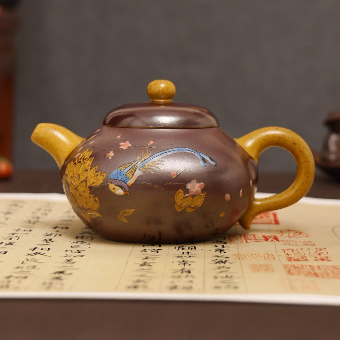 Magpie on Plum Blossom Powder-Decorated Fully Handmade Golden Duan Clay 'Short Pear' Yixing Teapot