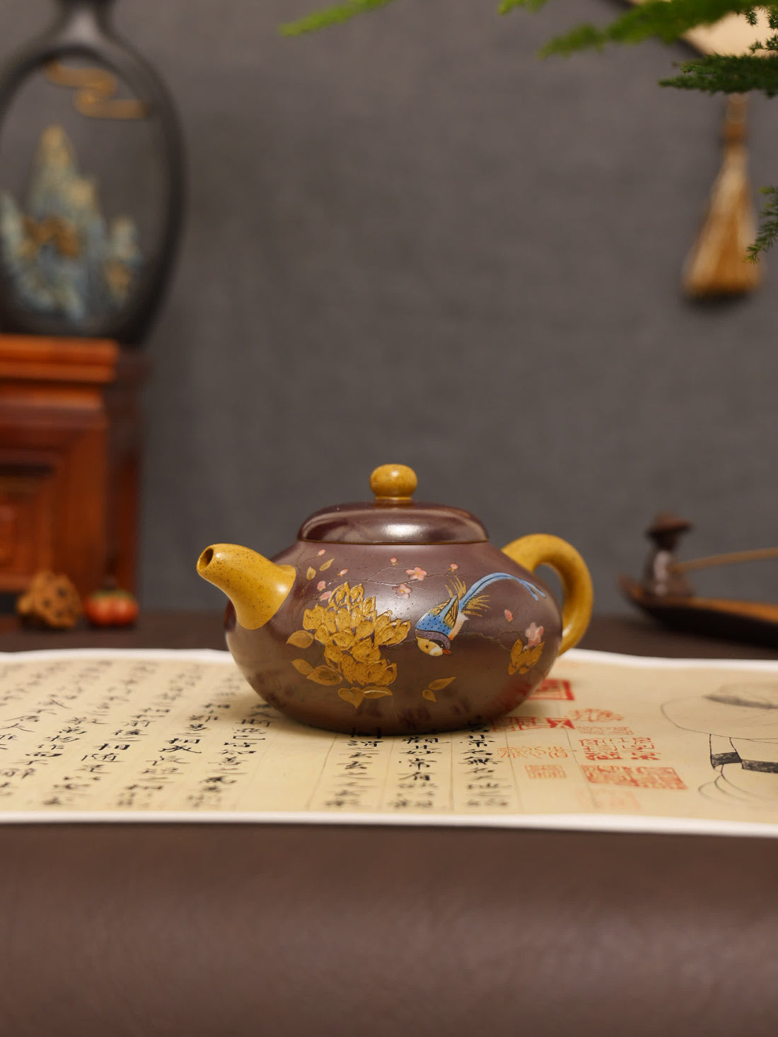 Magpie on Plum Blossom Powder-Decorated Fully Handmade Golden Duan Clay 'Short Pear' Yixing Teapot