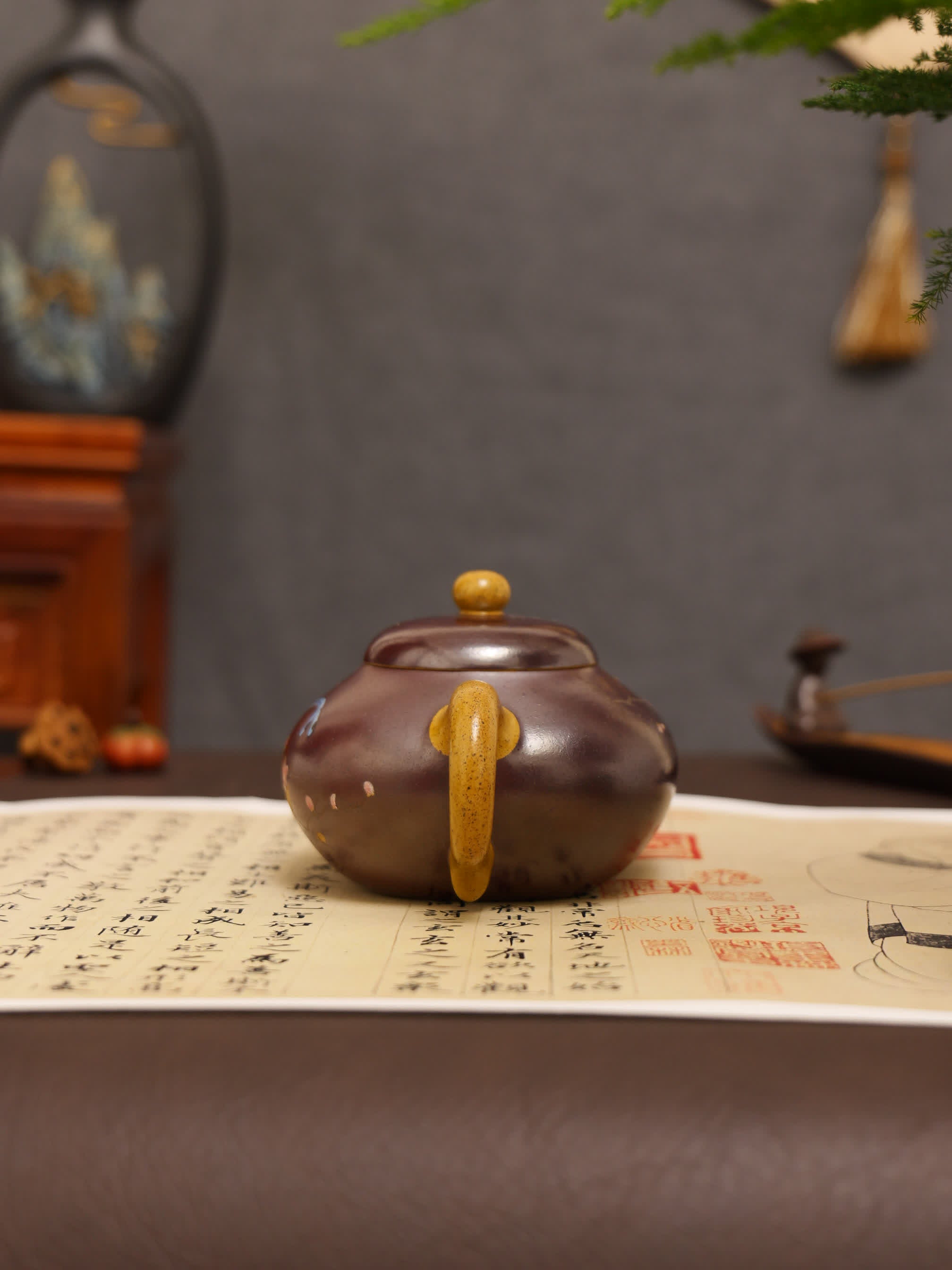 Magpie on Plum Blossom Powder-Decorated Fully Handmade Golden Duan Clay 'Short Pear' Yixing Teapot