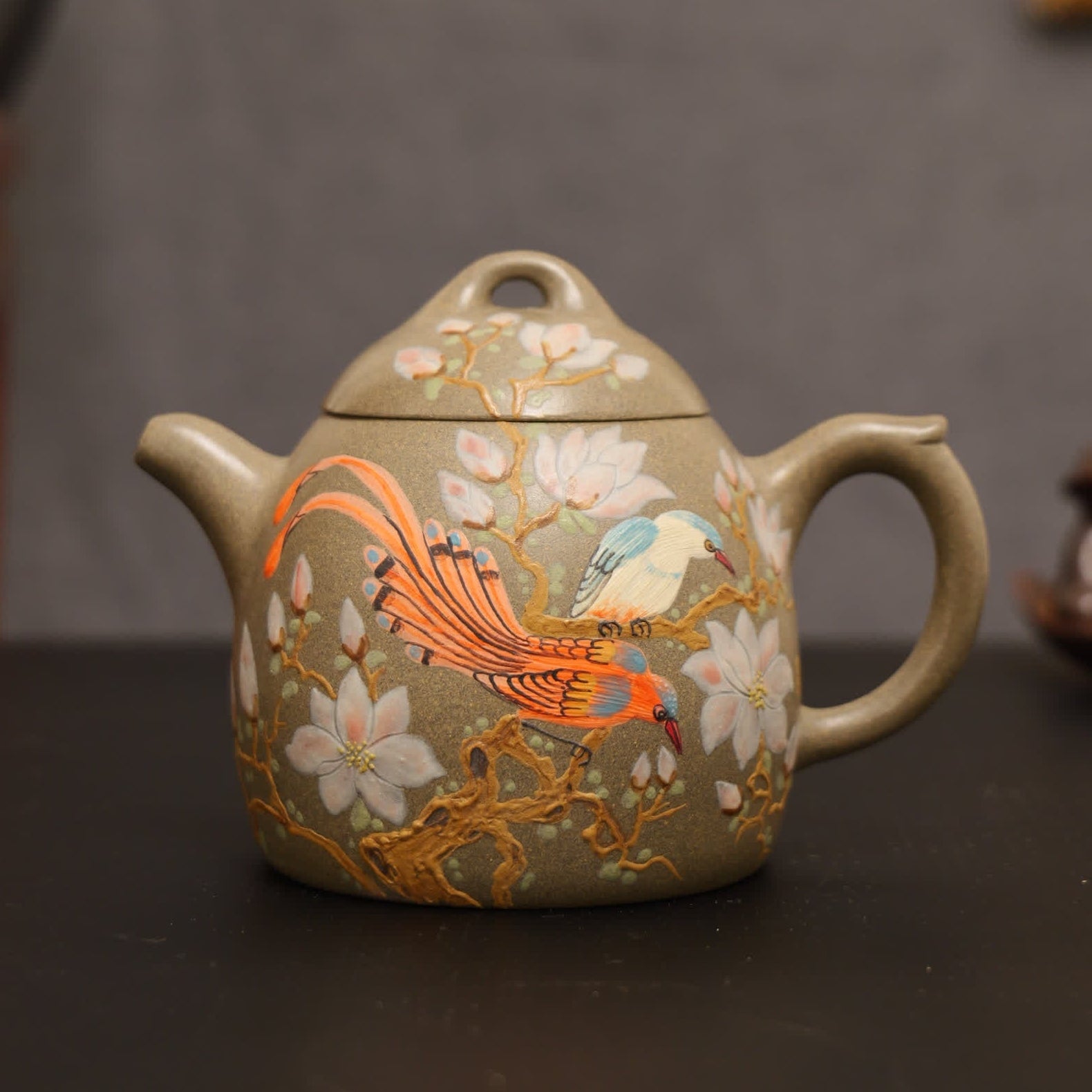 Magpie on Plum Branch Clay-Painting Fully Handmade Sharkskin Green Clay 'Qin Quan' Yixing Teapot