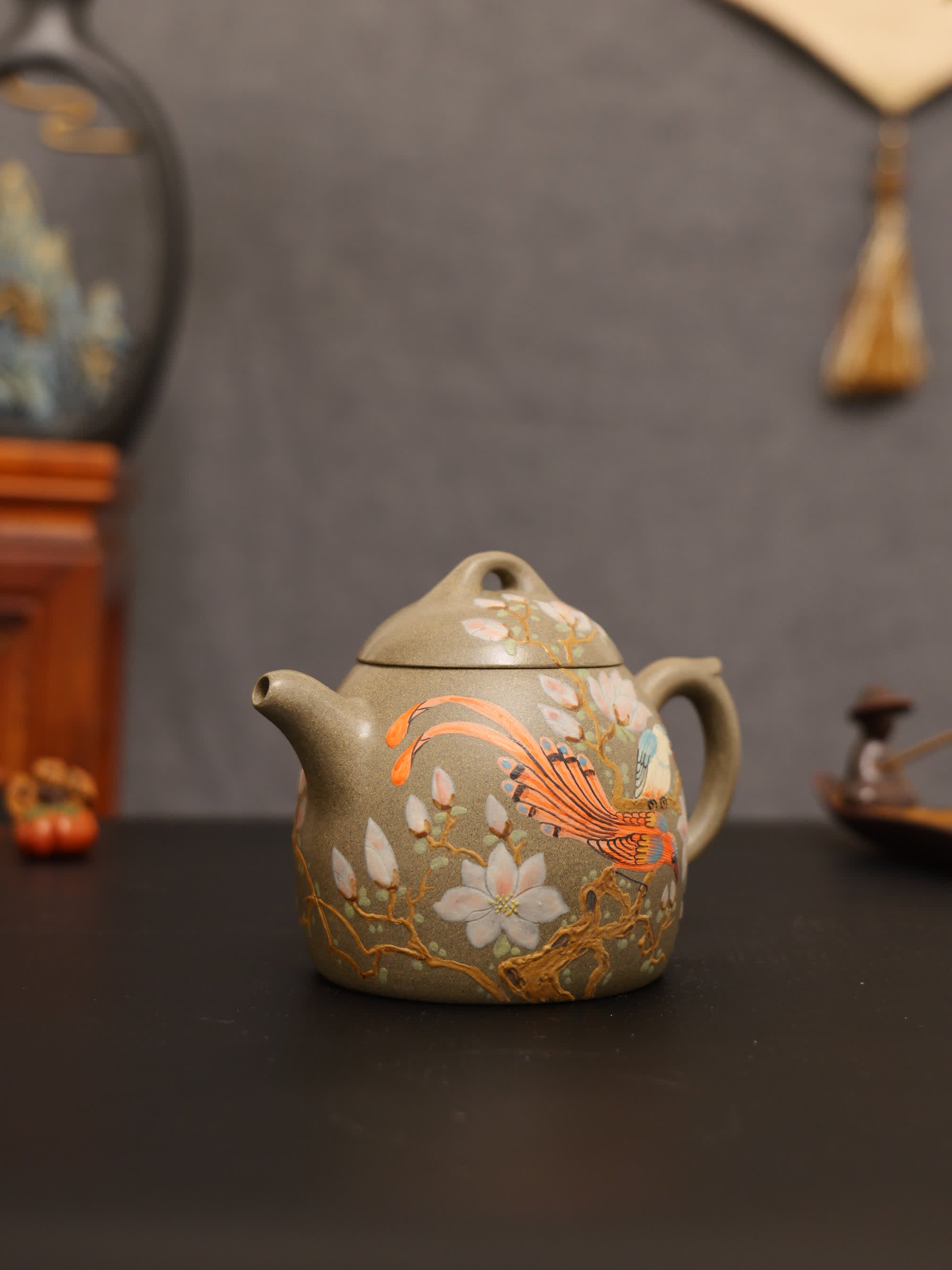 Magpie on Plum Branch Clay-Painting Fully Handmade Sharkskin Green Clay 'Qin Quan' Yixing Teapot