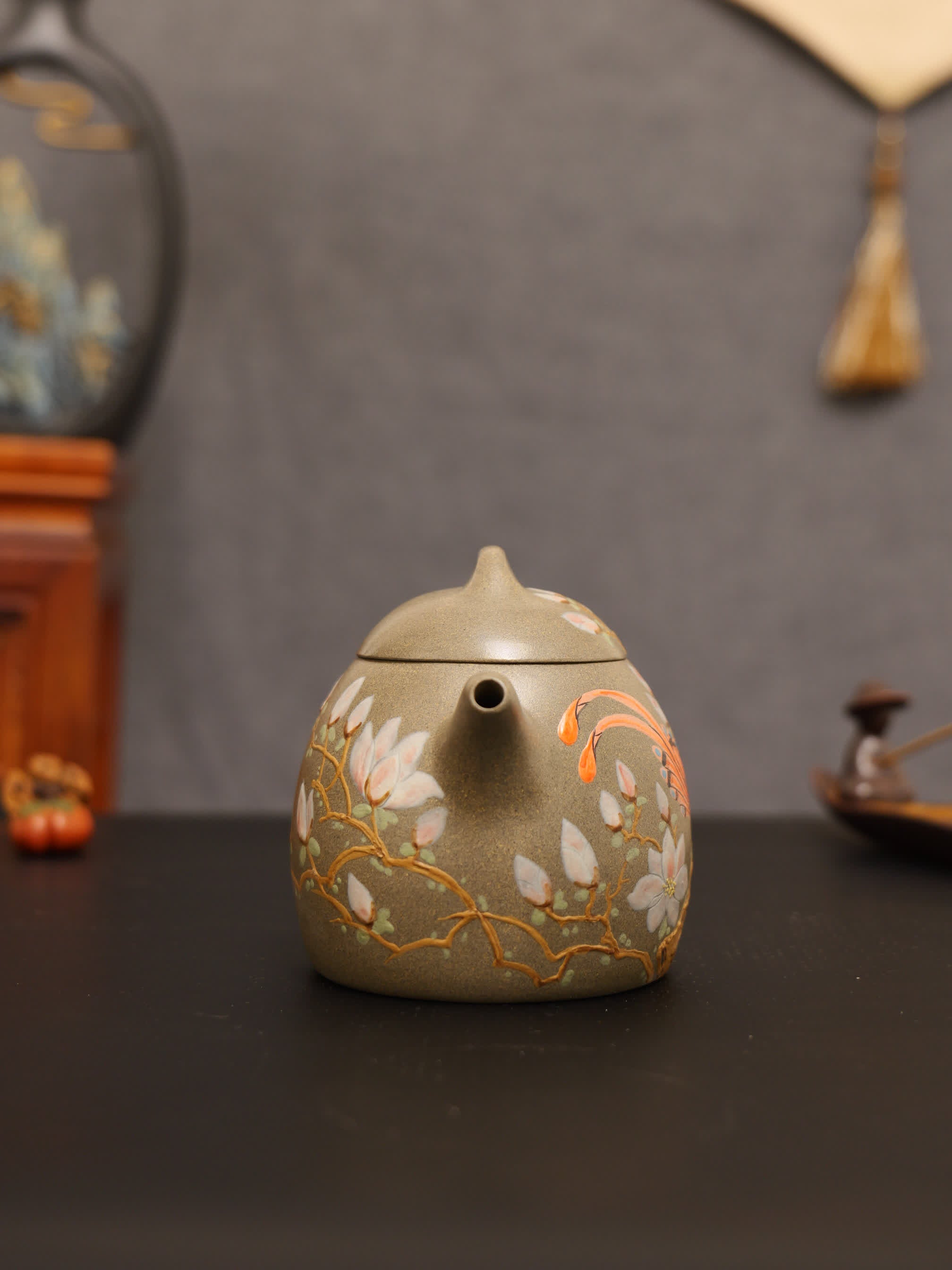 Magpie on Plum Branch Clay-Painting Fully Handmade Sharkskin Green Clay 'Qin Quan' Yixing Teapot