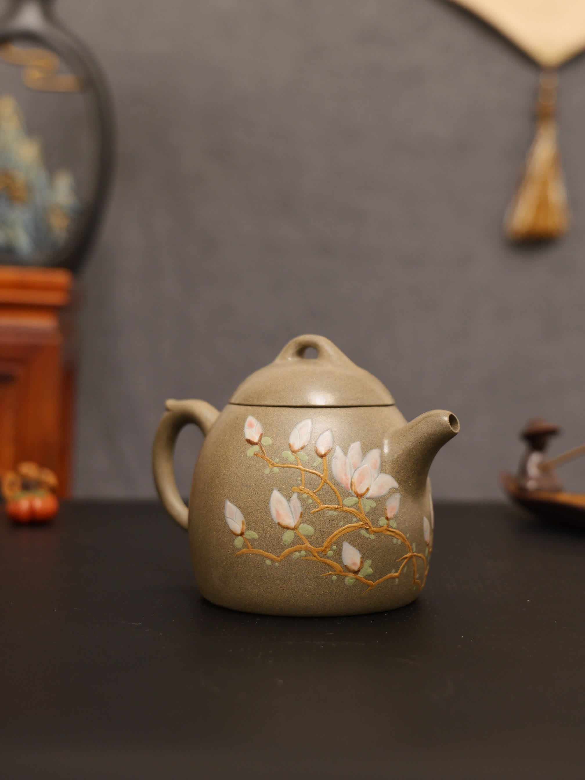 Magpie on Plum Branch Clay-Painting Fully Handmade Sharkskin Green Clay 'Qin Quan' Yixing Teapot