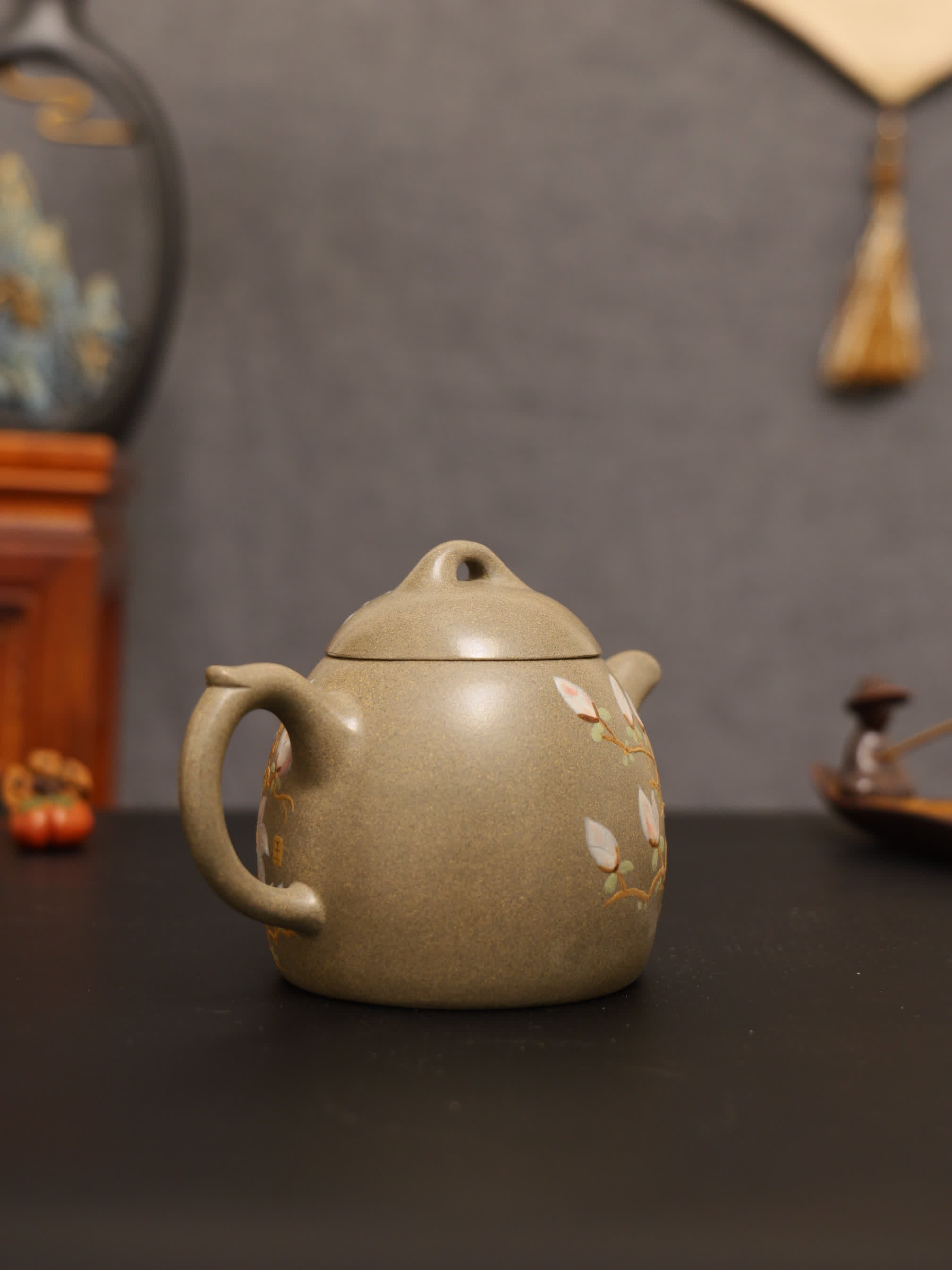 Magpie on Plum Branch Clay-Painting Fully Handmade Sharkskin Green Clay 'Qin Quan' Yixing Teapot