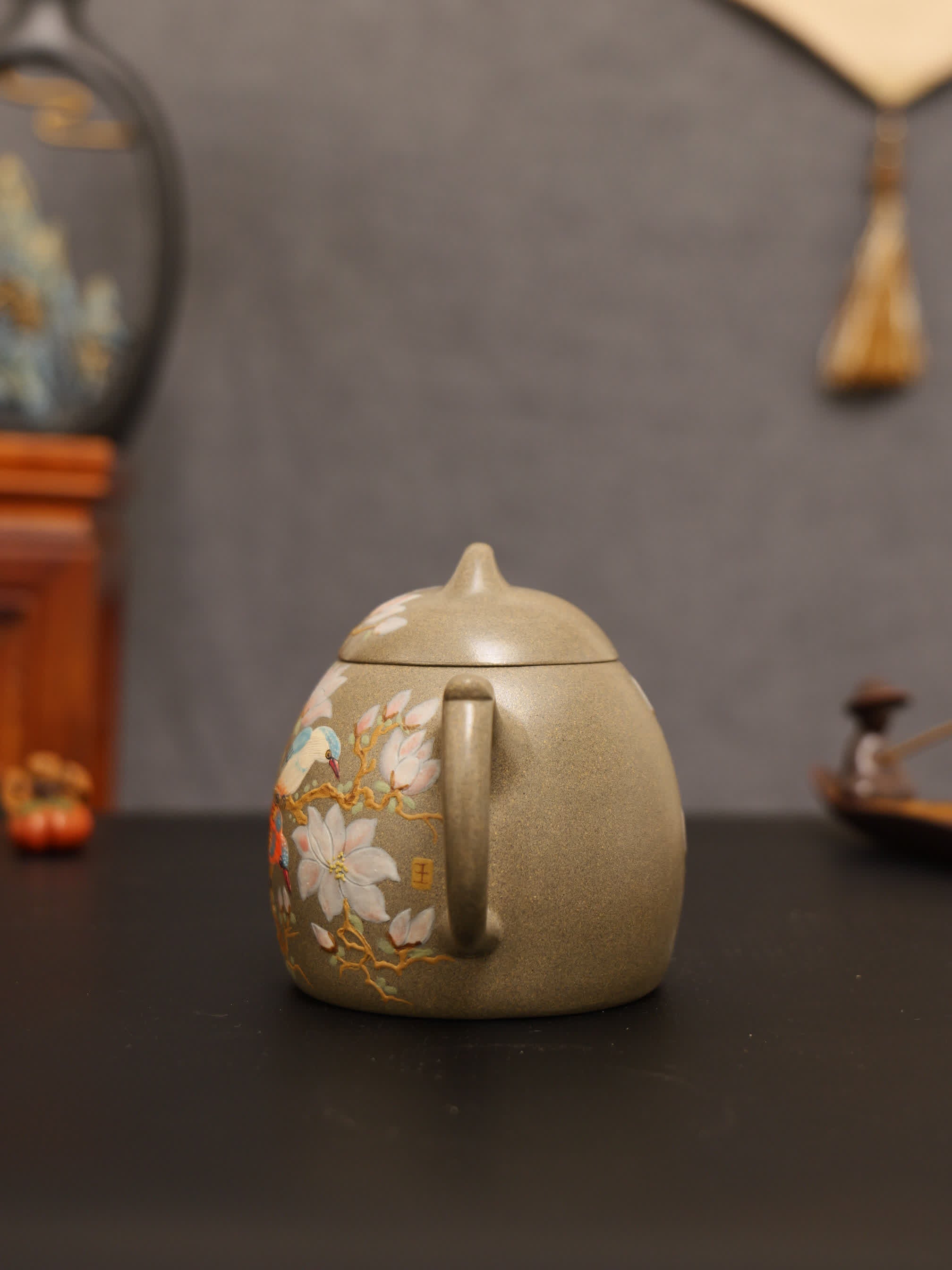 Magpie on Plum Branch Clay-Painting Fully Handmade Sharkskin Green Clay 'Qin Quan' Yixing Teapot