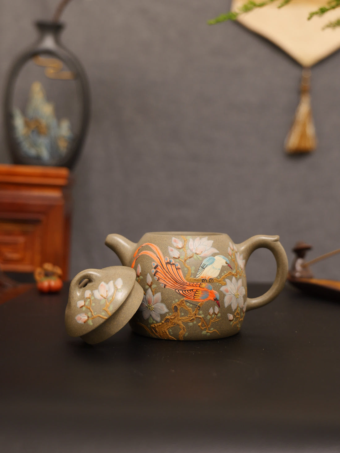 Magpie on Plum Branch Clay-Painting Fully Handmade Sharkskin Green Clay 'Qin Quan' Yixing Teapot