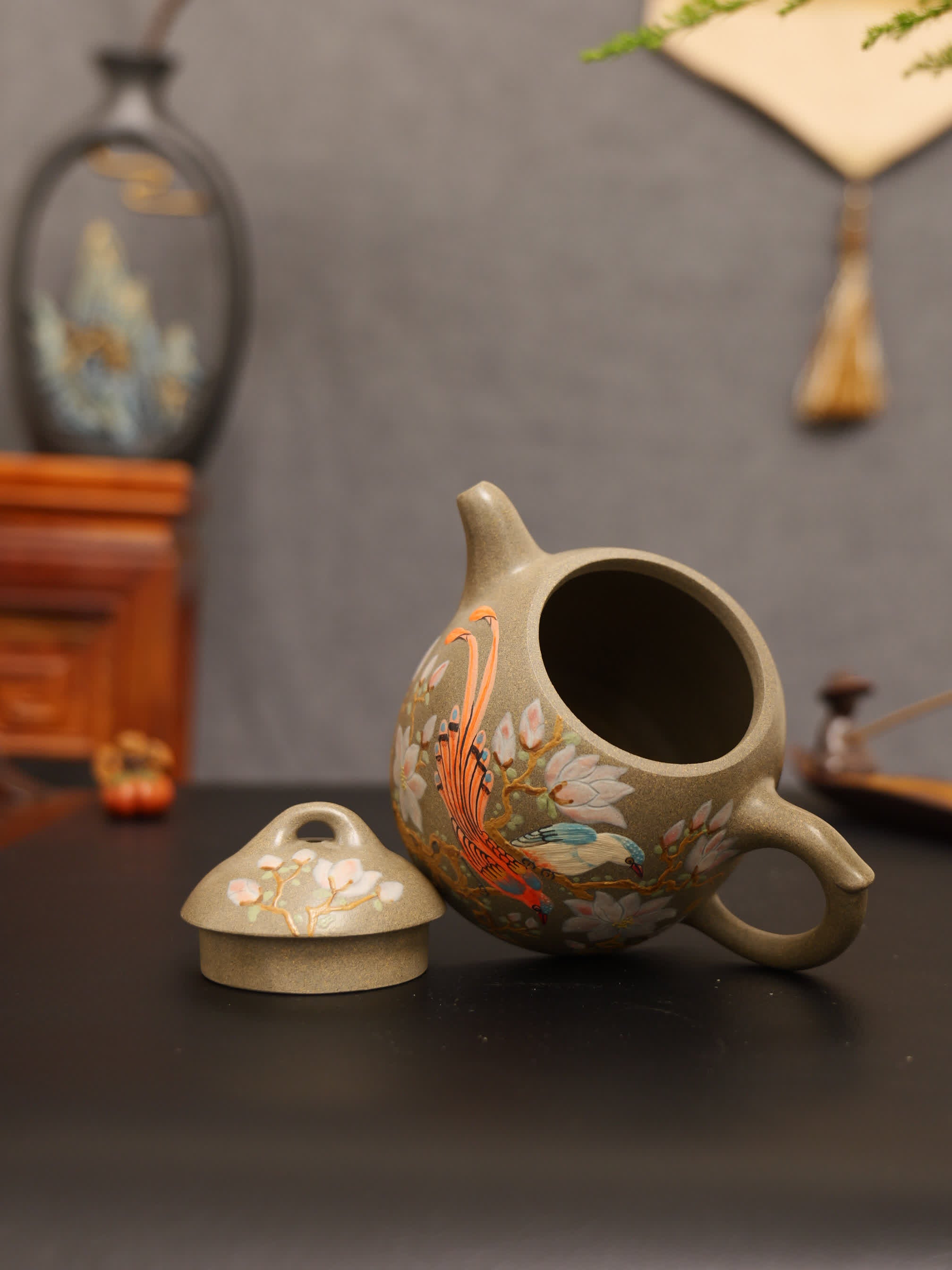 Magpie on Plum Branch Clay-Painting Fully Handmade Sharkskin Green Clay 'Qin Quan' Yixing Teapot